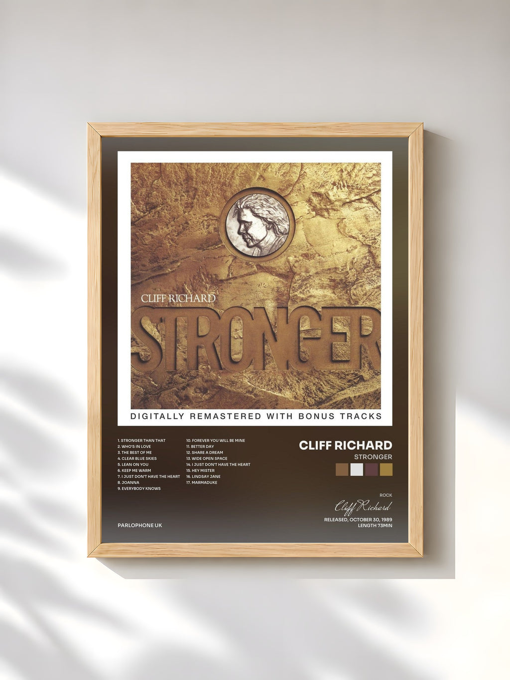 #bois Tableau de l'album Stronger de Cliff Richard, cadre en bois brut, imprimé et encadré en France