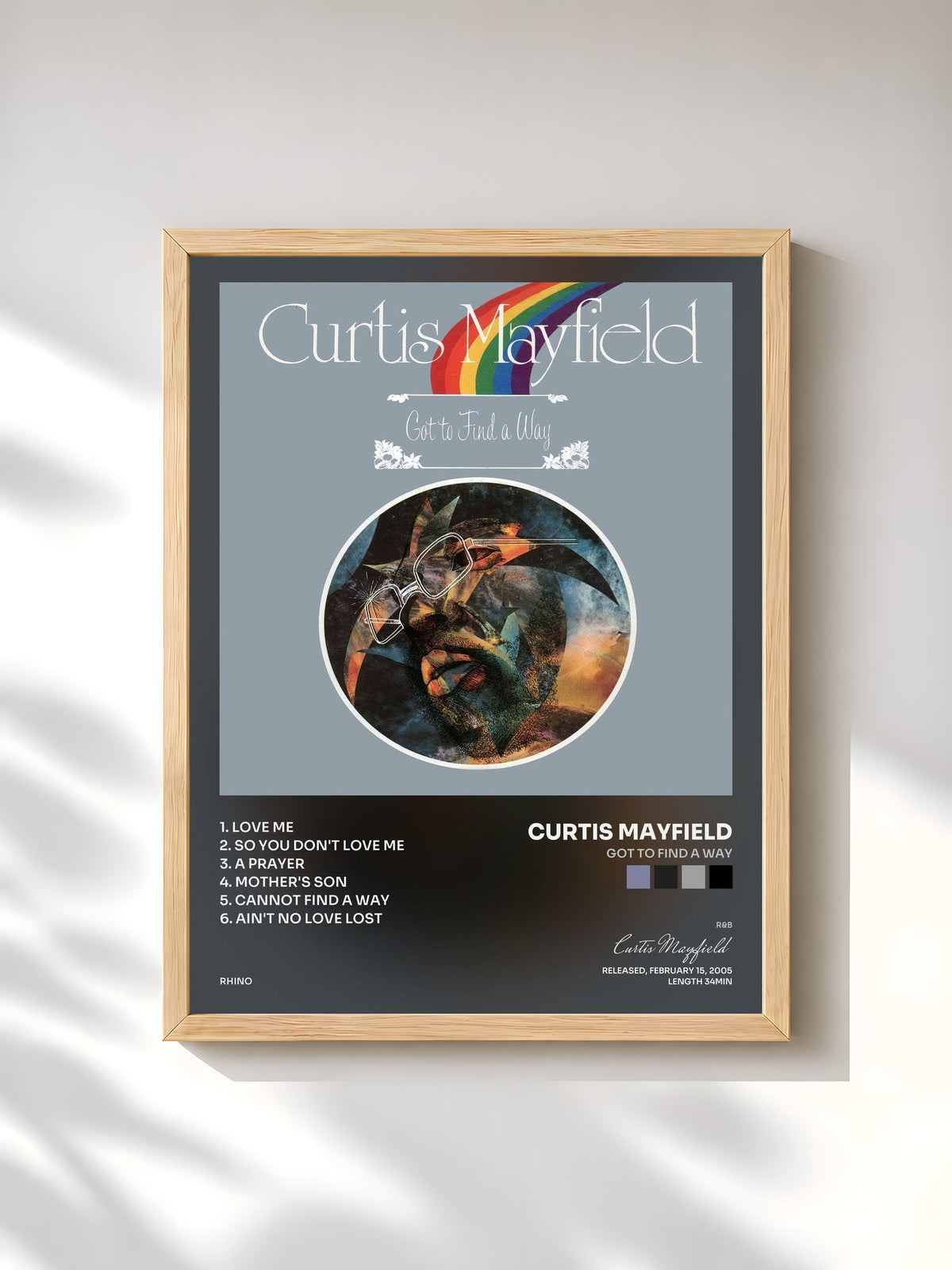 #bois Tableau de l'album Got to Find a Way de Curtis Mayfield, cadre en bois brut, imprimé et encadré en France