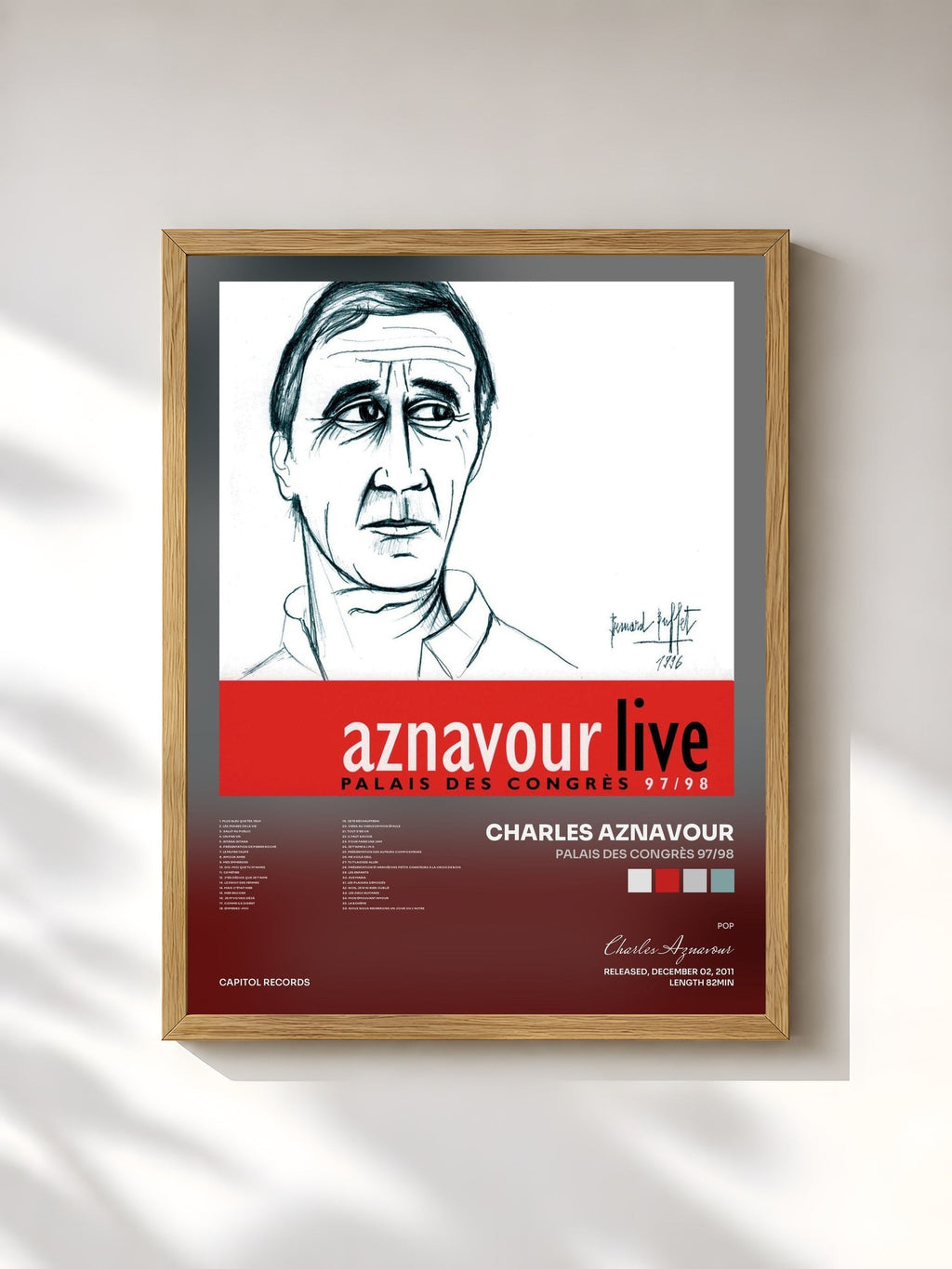 #bois Tableau de l'album Palais des Congrès 97/98 de Charles Aznavour, cadre en bois brut, imprimé et encadré en France