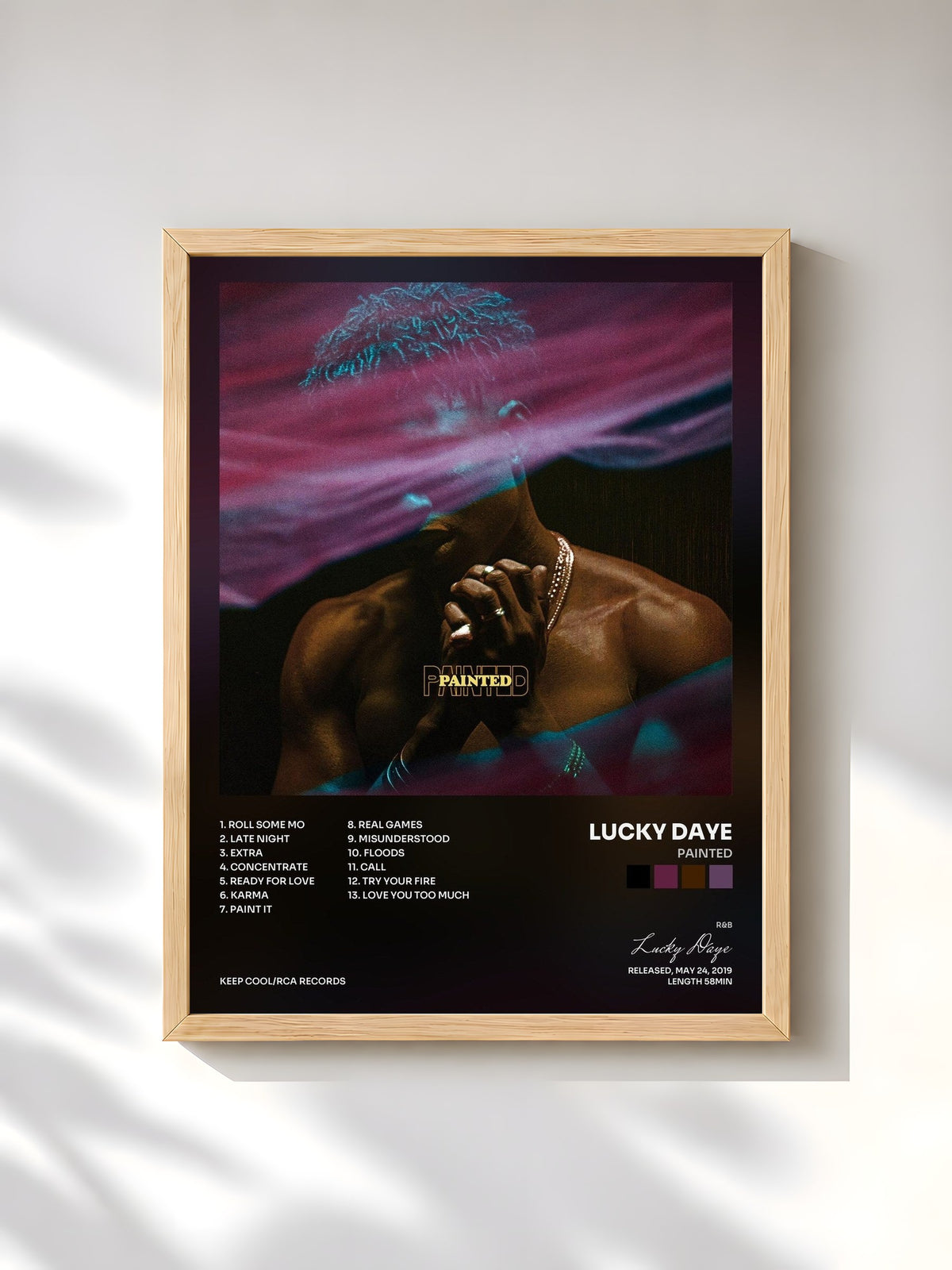 #bois Tableau de l'album Painted de Lucky Daye, cadre en bois brut, imprimé et encadré en France