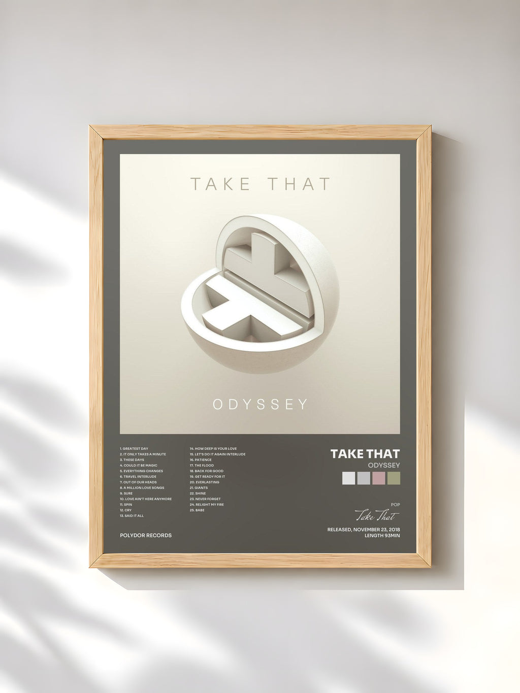 #bois Tableau de l'album Odyssey de Take That, cadre en bois brut, imprimé et encadré en France