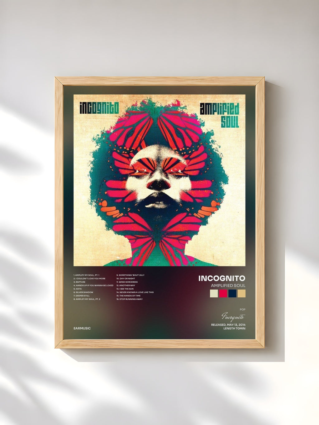 #bois Tableau de l'album Amplified Soul de Incognito, cadre en bois brut, imprimé et encadré en France