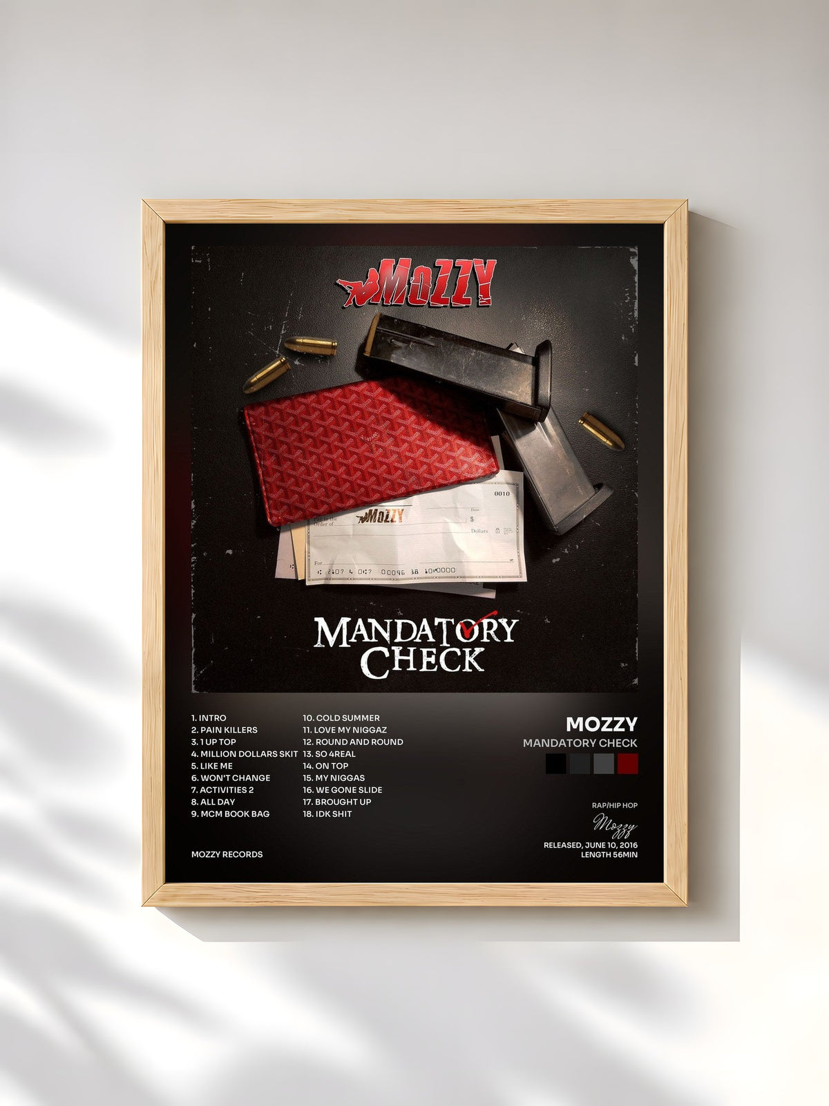#bois Tableau de l'album Mandatory Check de Mozzy, cadre en bois brut, imprimé et encadré en France