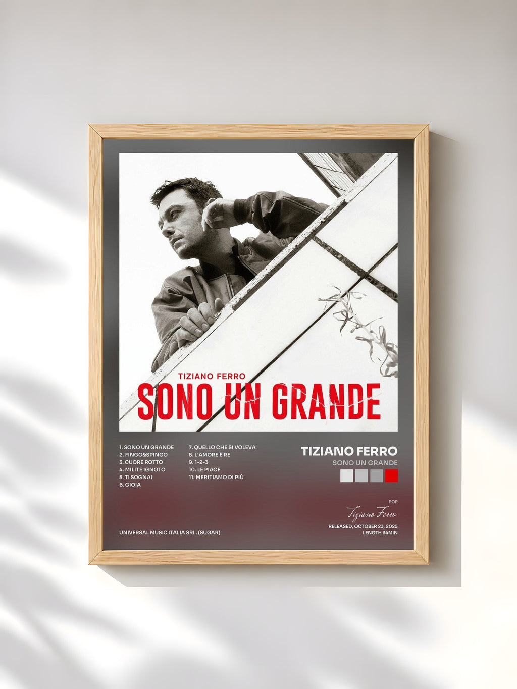 #bois Tableau de l'album SONO UN GRANDE de Tiziano Ferro, cadre en bois brut, imprimé et encadré en France
