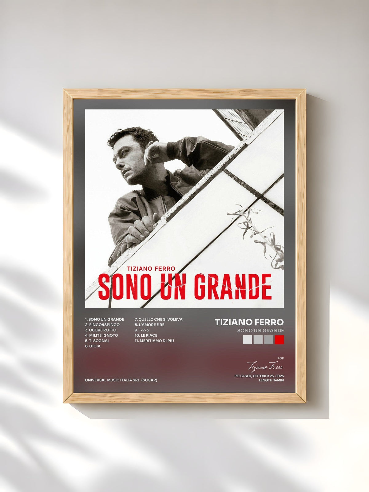 #bois Tableau de l'album SONO UN GRANDE de Tiziano Ferro, cadre en bois brut, imprimé et encadré en France