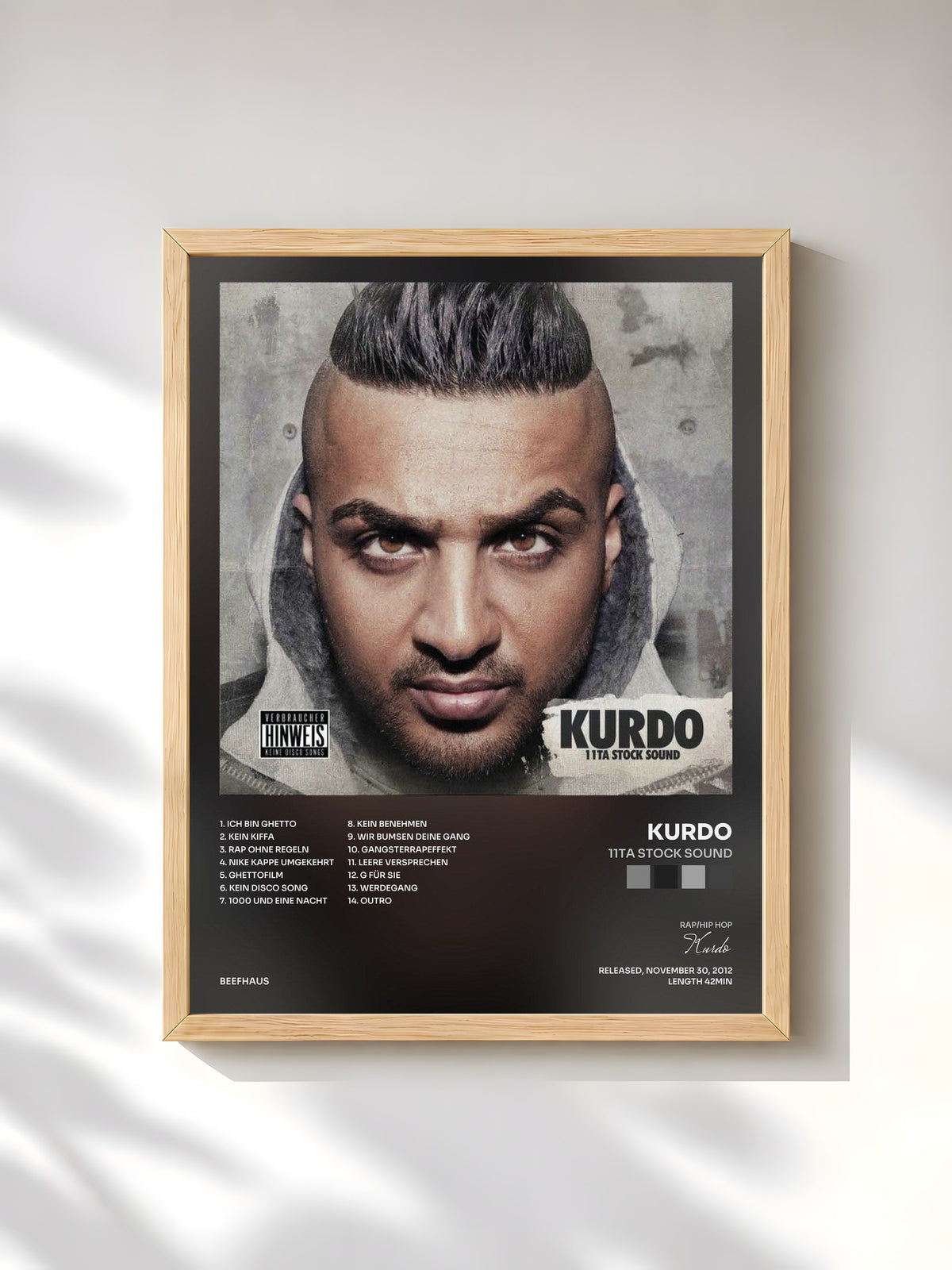 #bois Tableau de l'album 11Ta Stock Sound de Kurdo, cadre en bois brut, imprimé et encadré en France
