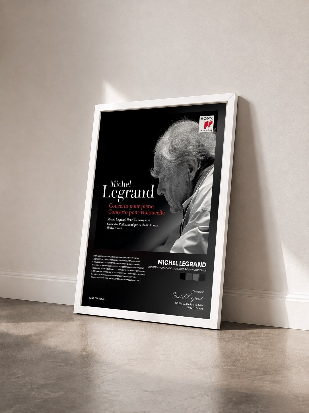 #blanc Tableau de l'album Concerto pour piano, Concerto pour violoncelle de Michel Legrand vu de trois quarts, cadre blanc