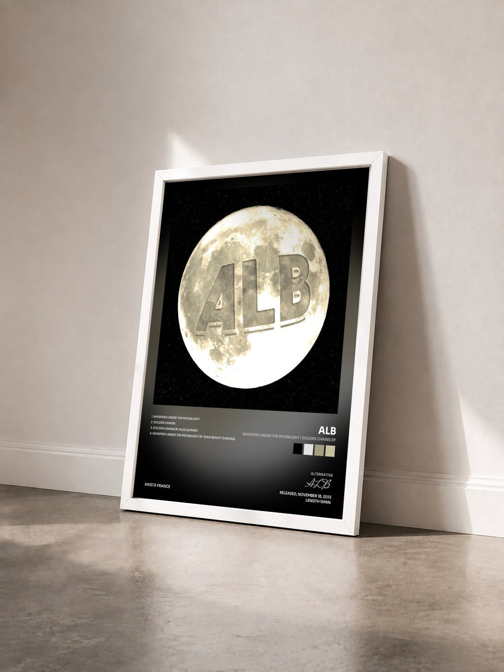 #blanc Tableau de l'album Whispers Under The Moonlight / Golden Chains EP de ALB vu de trois quarts, cadre blanc
