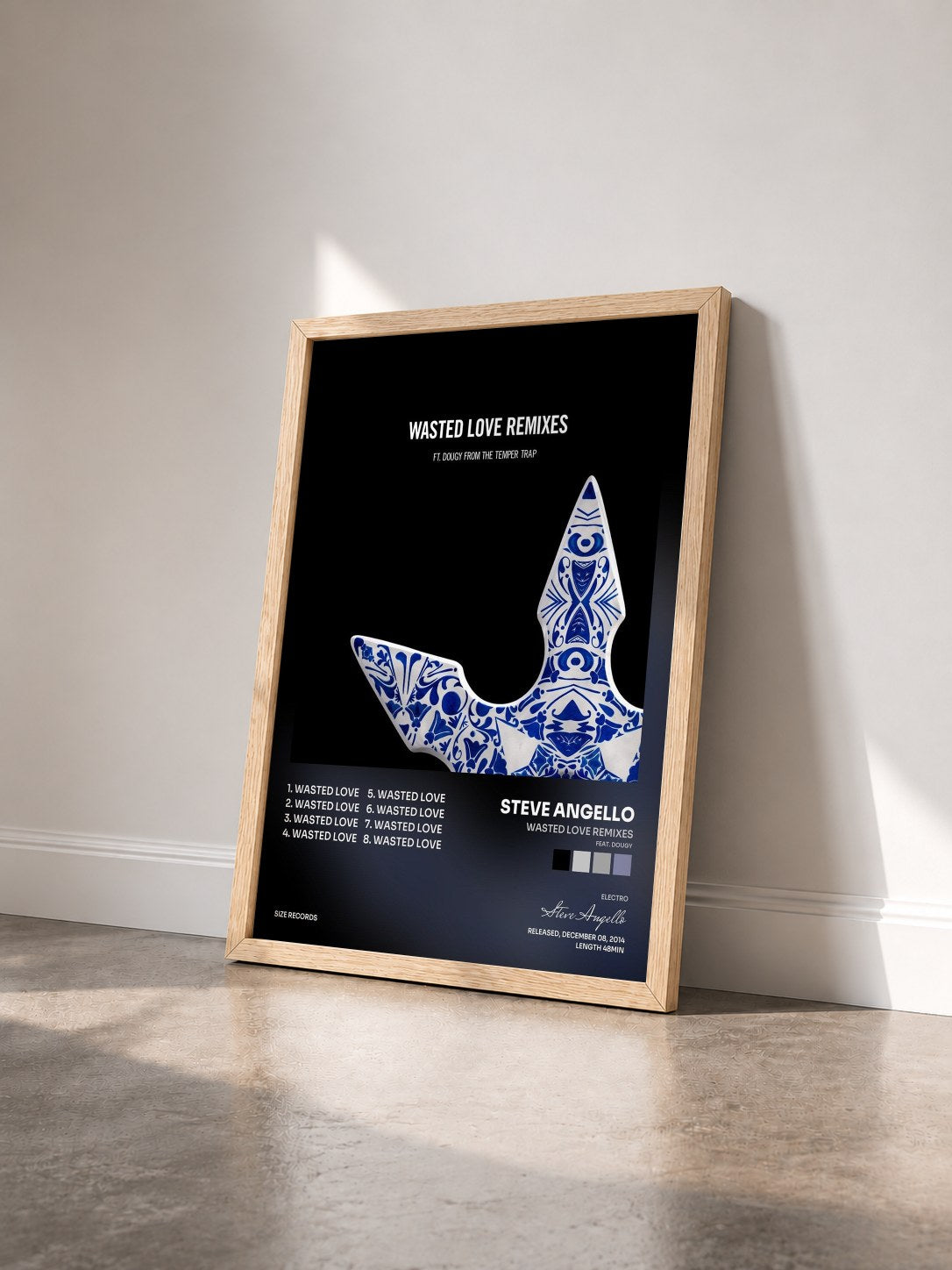 #bois Tableau de l'album Wasted Love Remixes (feat. Dougy) de Steve Angello vu de trois quarts, cadre en bois brut