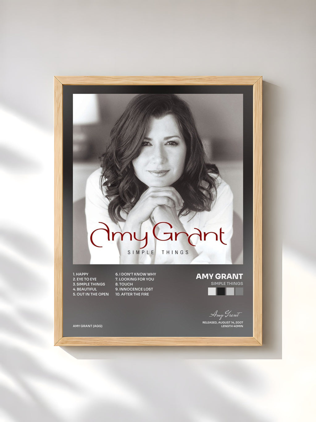 #bois Tableau de l'album Simple Things de Amy Grant, cadre en bois brut, imprimé et encadré en France