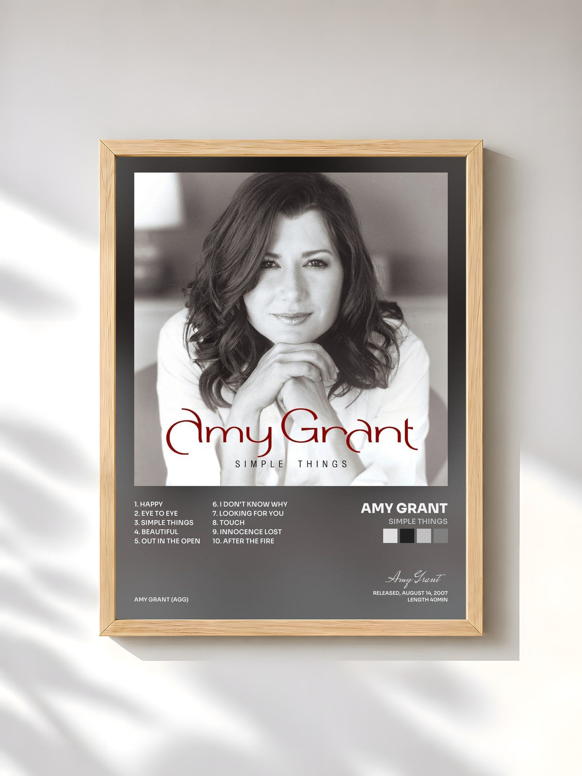 #bois Tableau de l'album Simple Things de Amy Grant, cadre en bois brut, imprimé et encadré en France