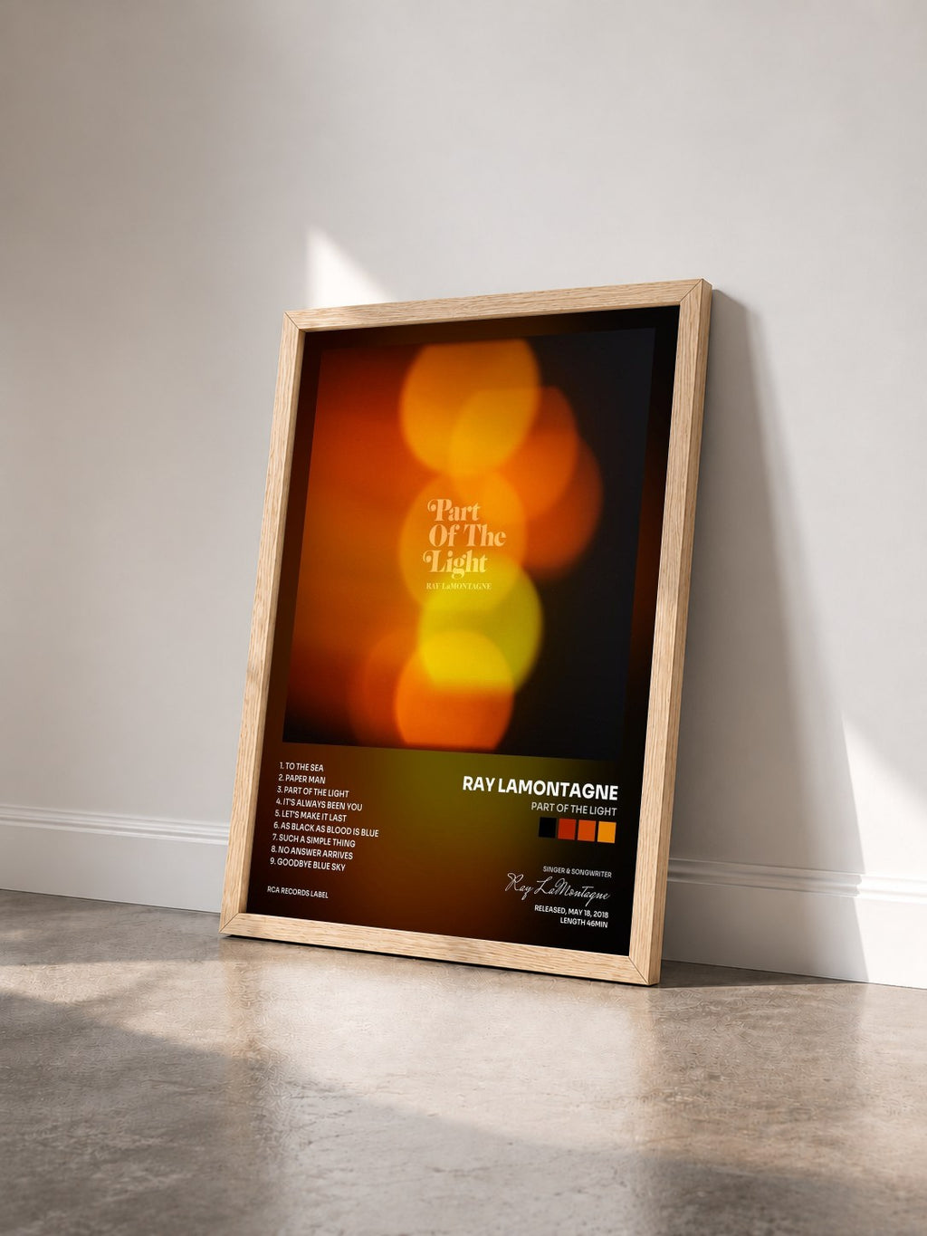 #bois Tableau de l'album Part Of The Light de Ray LaMontagne vu de trois quarts, cadre en bois brut