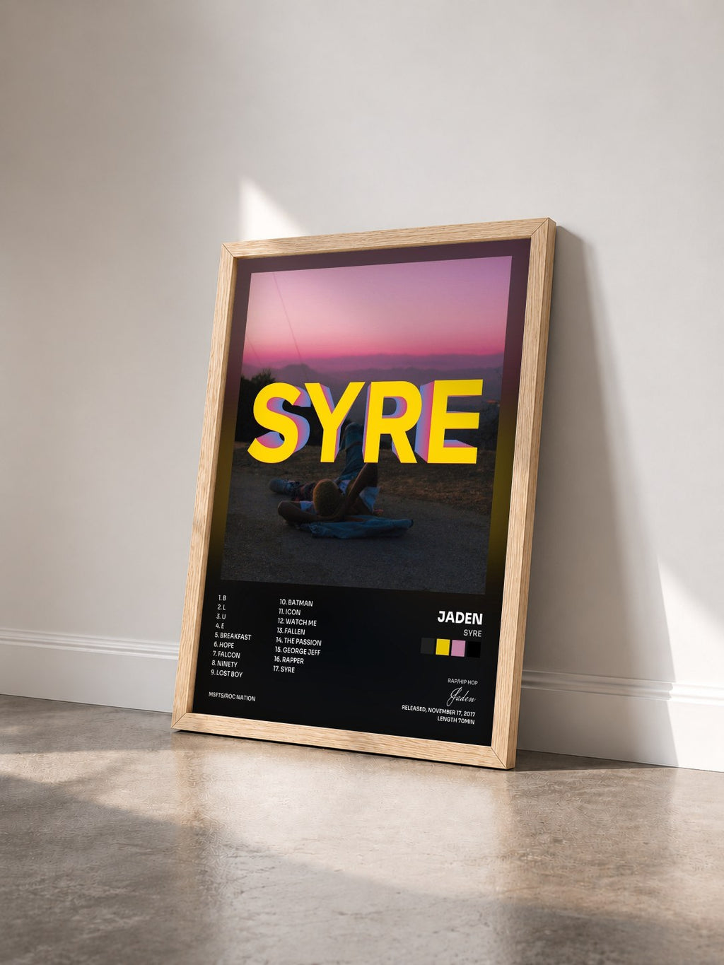 #bois Tableau de l'album SYRE de Jaden vu de trois quarts, cadre en bois brut