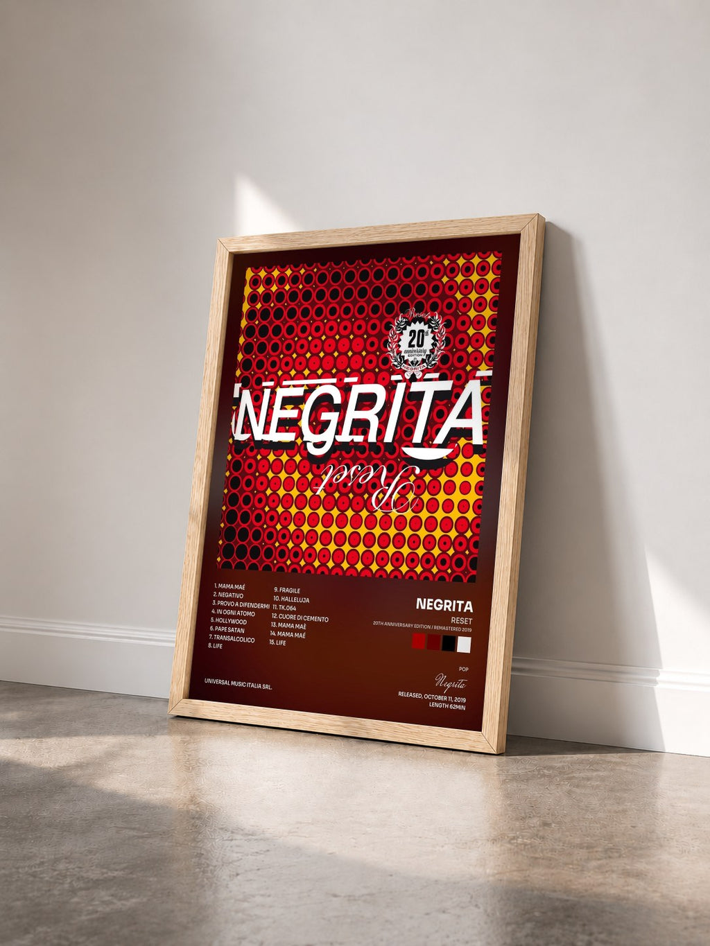 #bois Tableau de l'album Reset (20th Anniversary Edition / Remastered 2019) de Negrita vu de trois quarts, cadre en bois brut