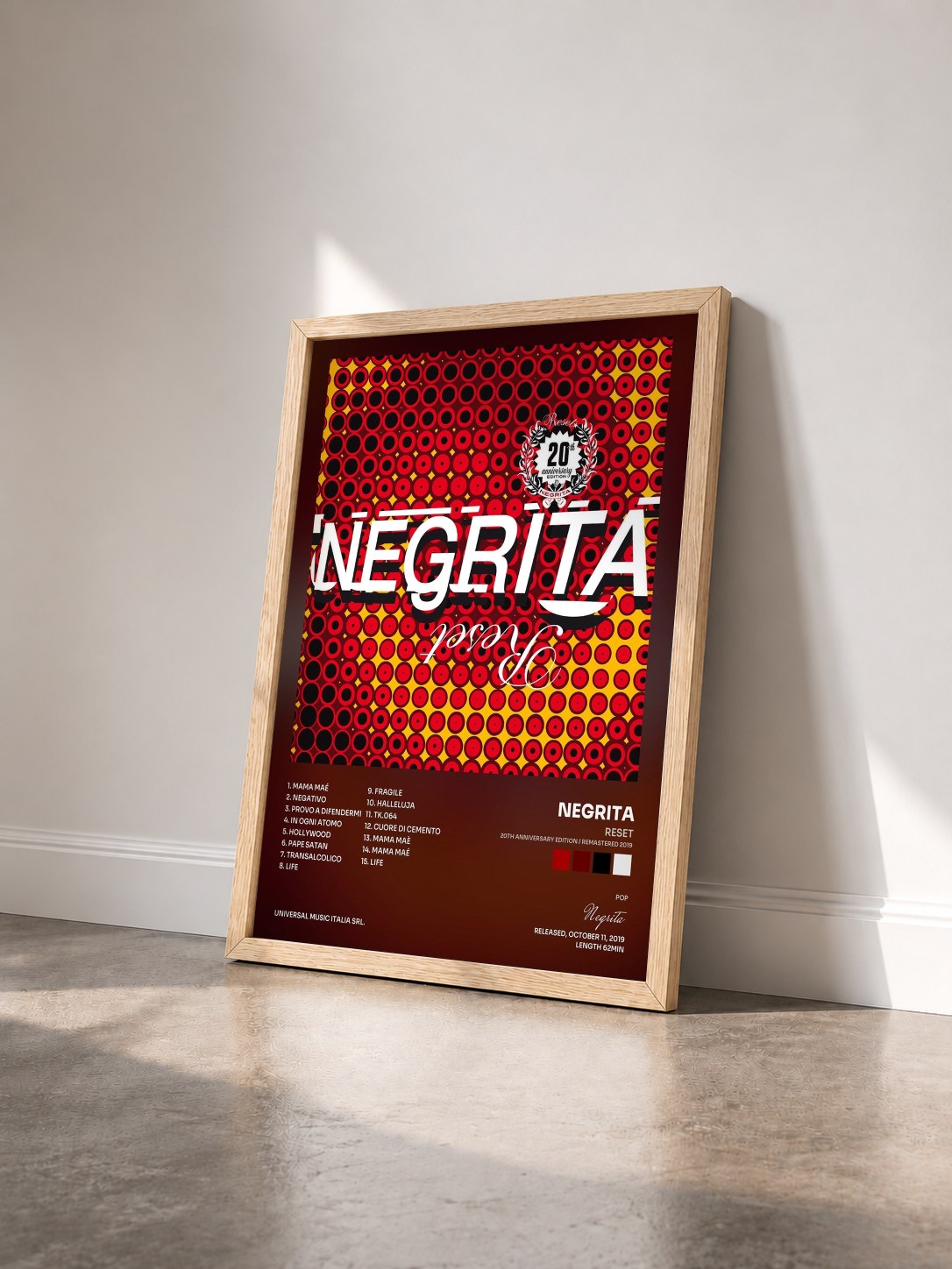 #bois Tableau de l'album Reset (20th Anniversary Edition / Remastered 2019) de Negrita vu de trois quarts, cadre en bois brut