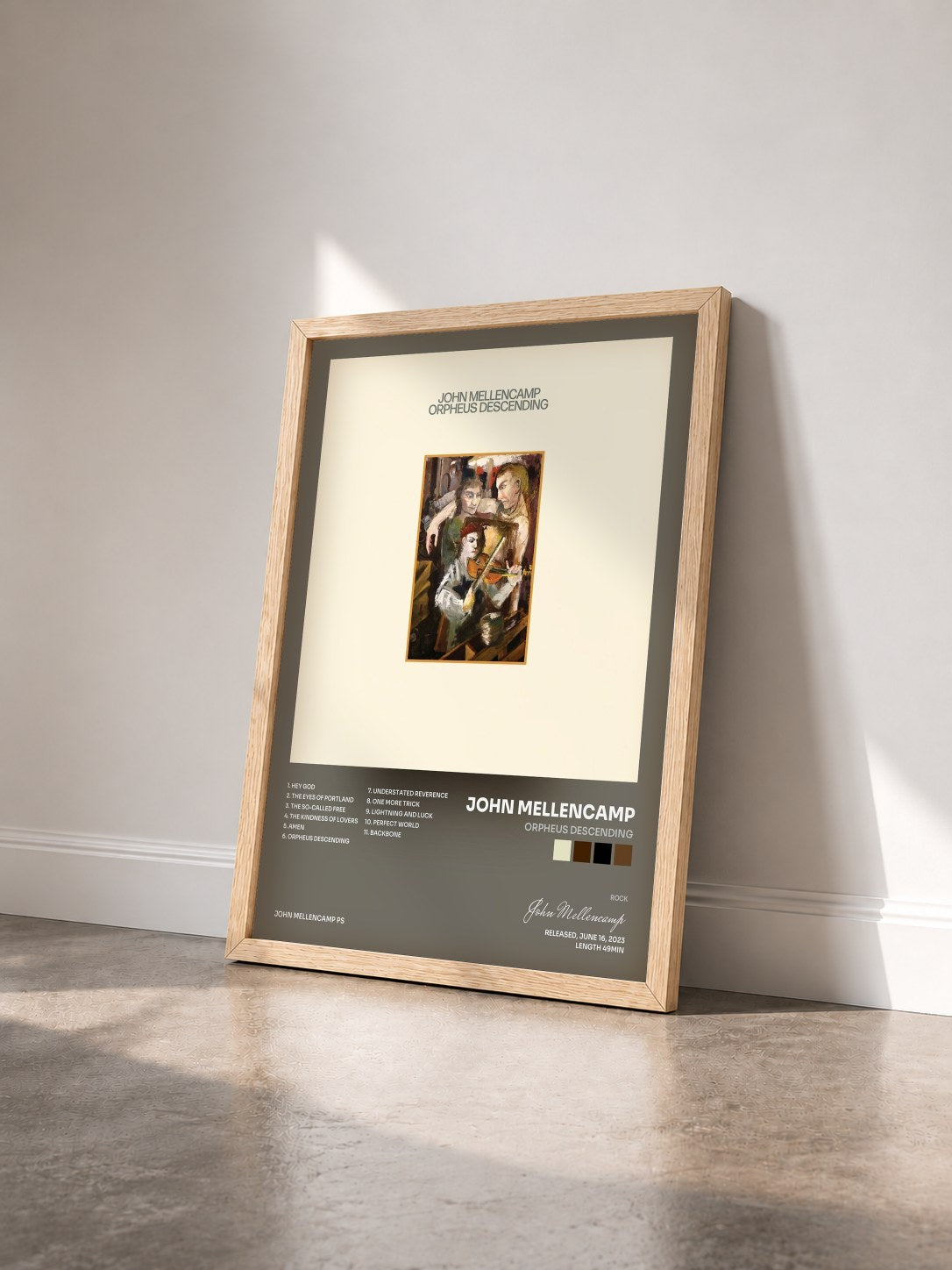 #bois Tableau de l'album Orpheus Descending de John Mellencamp vu de trois quarts, cadre en bois brut