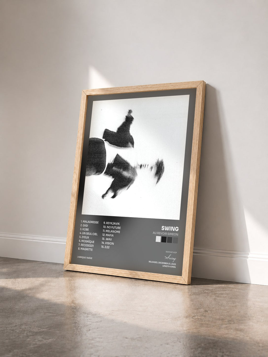 #bois Tableau de l'album AU REVOIR SIMEON de Swing vu de trois quarts, cadre en bois brut