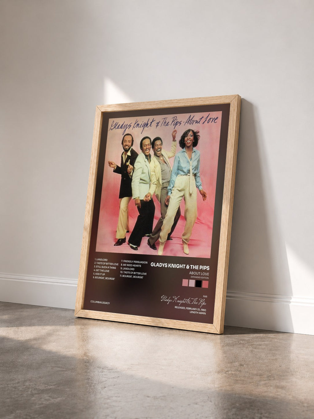 #bois Tableau de l'album About Love (Expanded Edition) de Gladys Knight & The Pips vu de trois quarts, cadre en bois brut