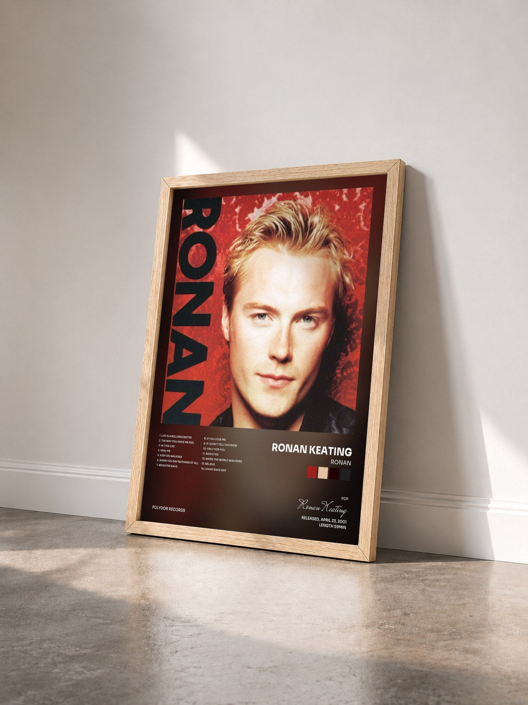 #bois Tableau de l'album Ronan de Ronan Keating vu de trois quarts, cadre en bois brut