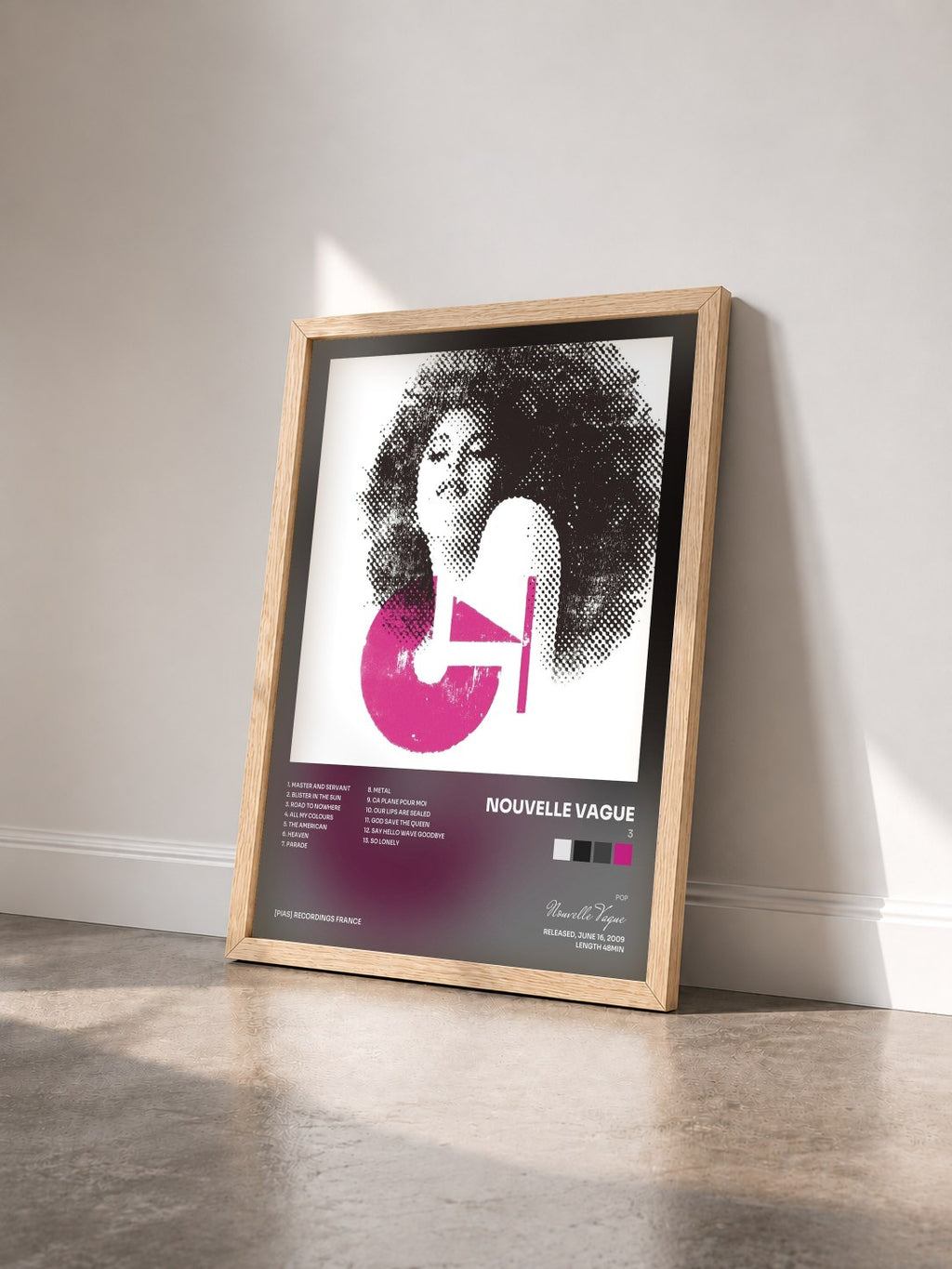 #bois Tableau de l'album 3 de Nouvelle Vague vu de trois quarts, cadre en bois brut