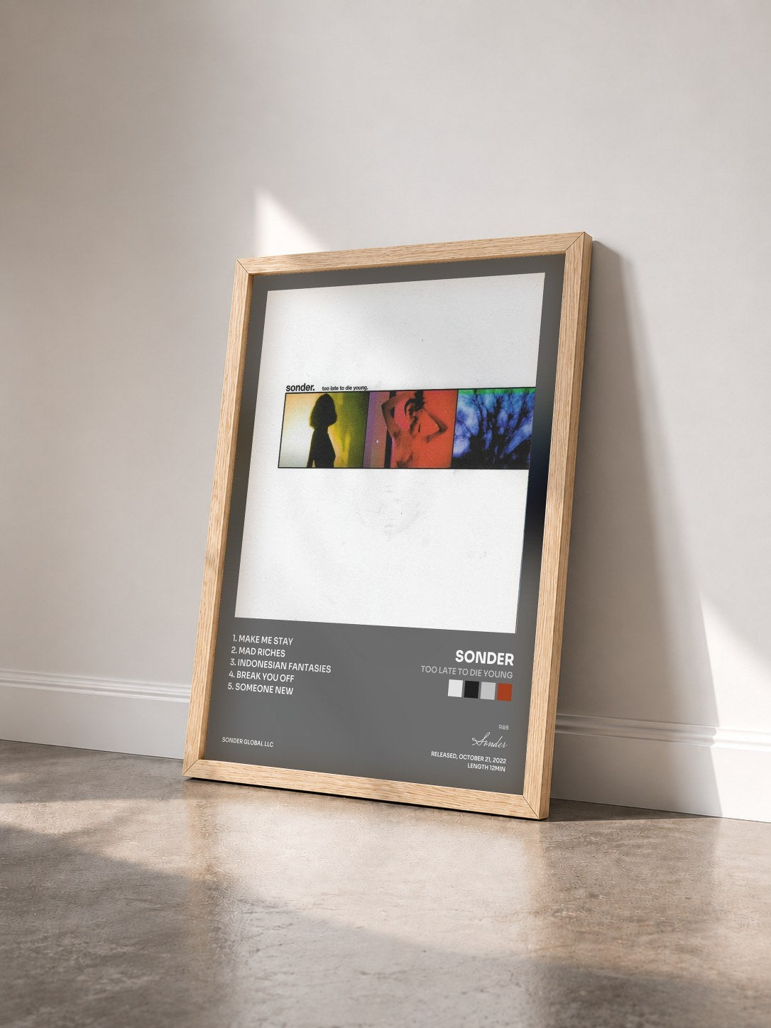 #bois Tableau de l'album Too Late To Die Young de Sonder vu de trois quarts, cadre en bois brut