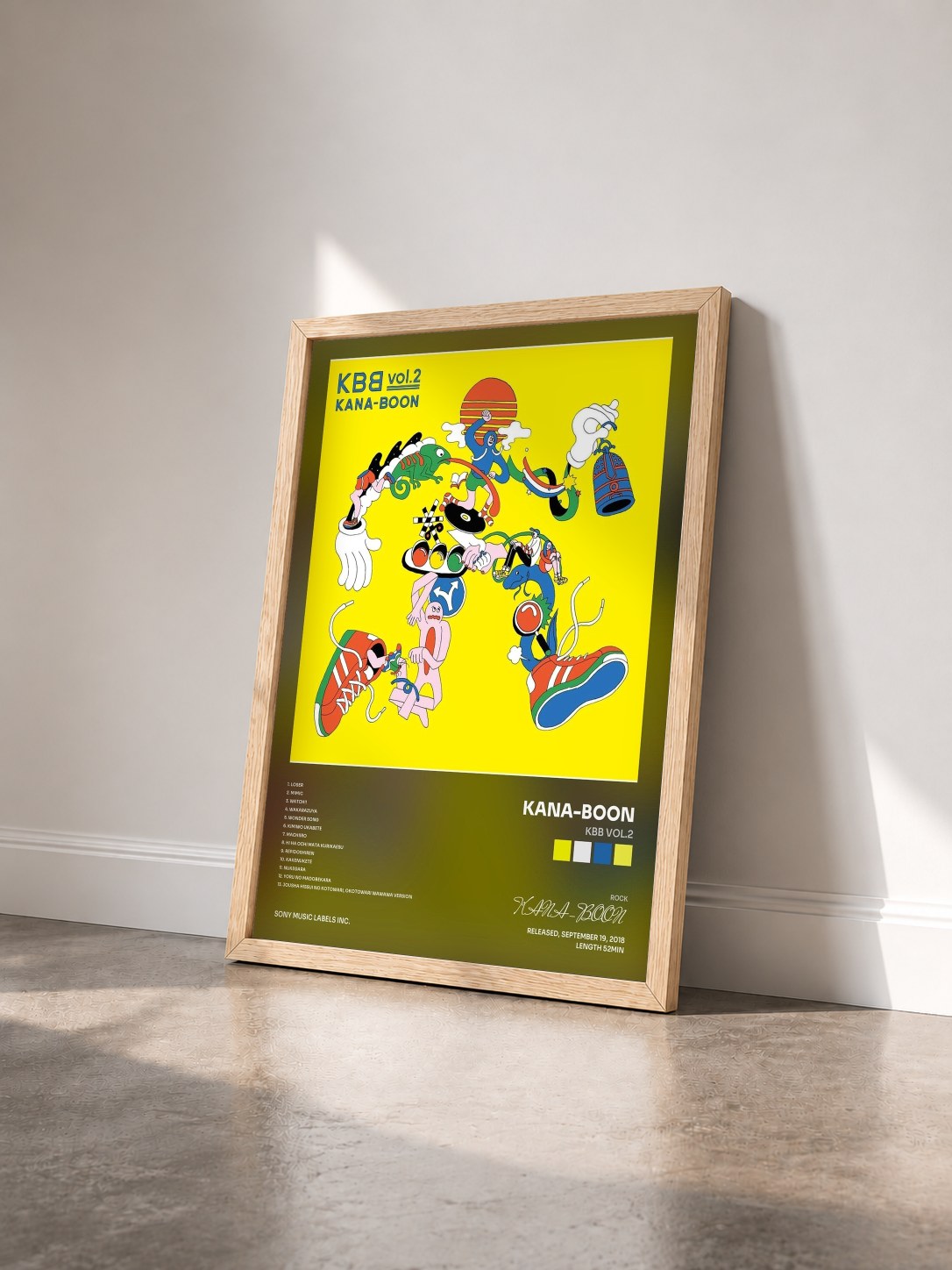 #bois Tableau de l'album KBB vol.2 de KANA-BOON vu de trois quarts, cadre en bois brut