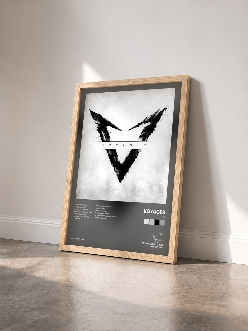 #bois Tableau de l'album V de Voyager vu de trois quarts, cadre en bois brut