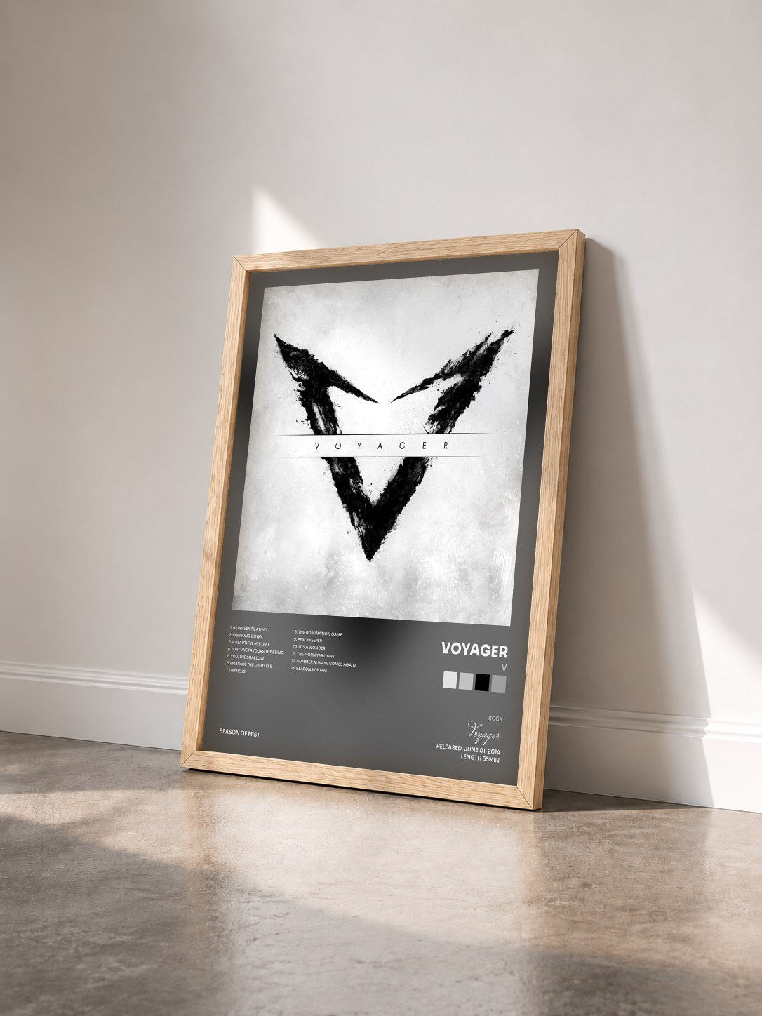 #bois Tableau de l'album V de Voyager vu de trois quarts, cadre en bois brut