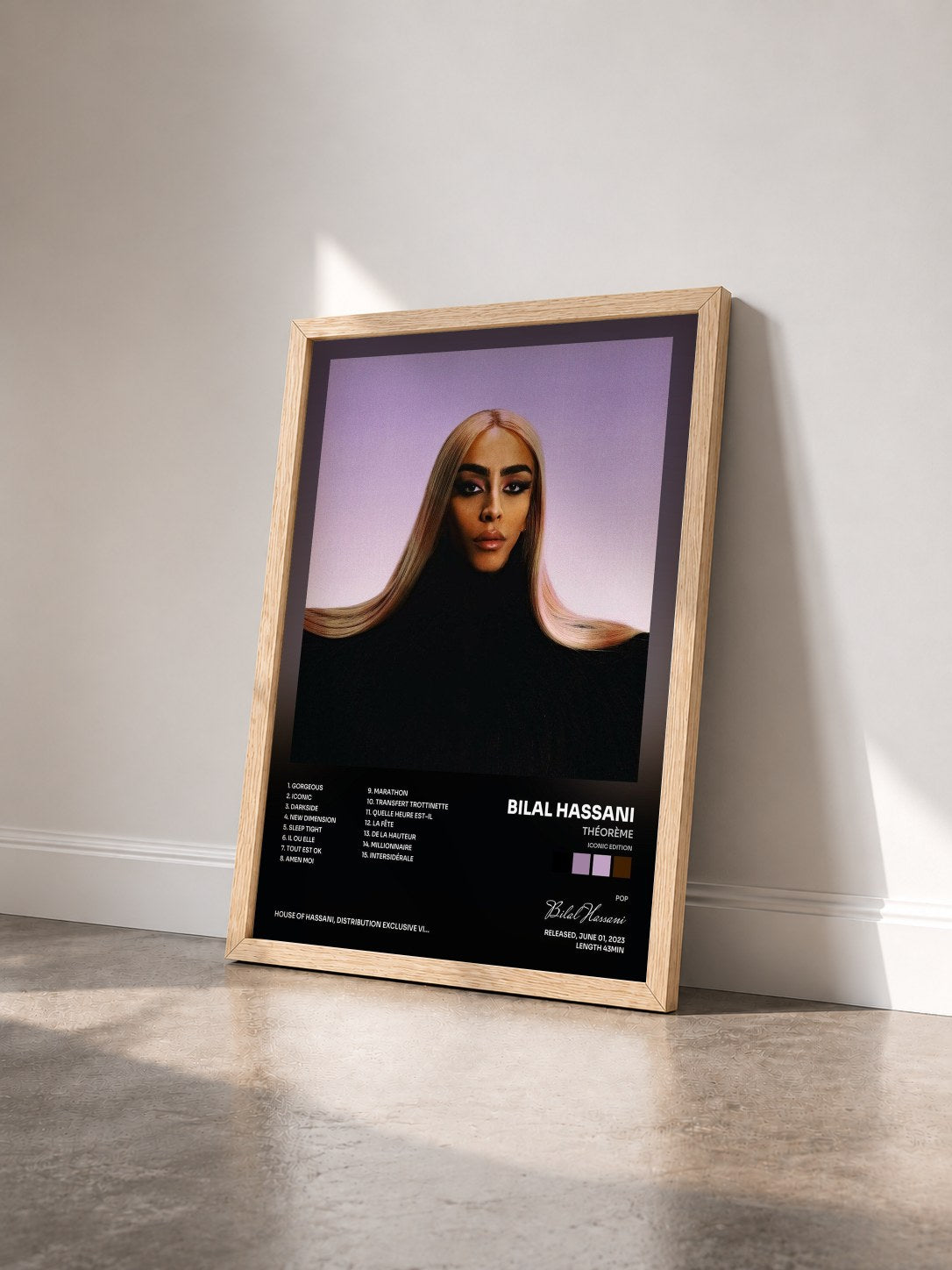 #bois Tableau de l'album Théorème (Iconic Edition) de Bilal Hassani vu de trois quarts, cadre en bois brut