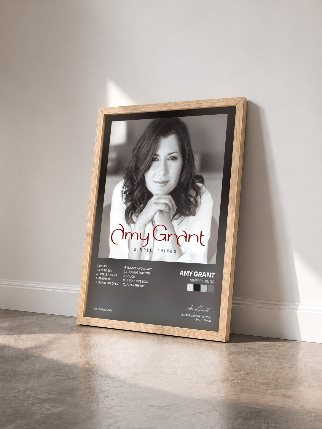 #bois Tableau de l'album Simple Things de Amy Grant vu de trois quarts, cadre en bois brut