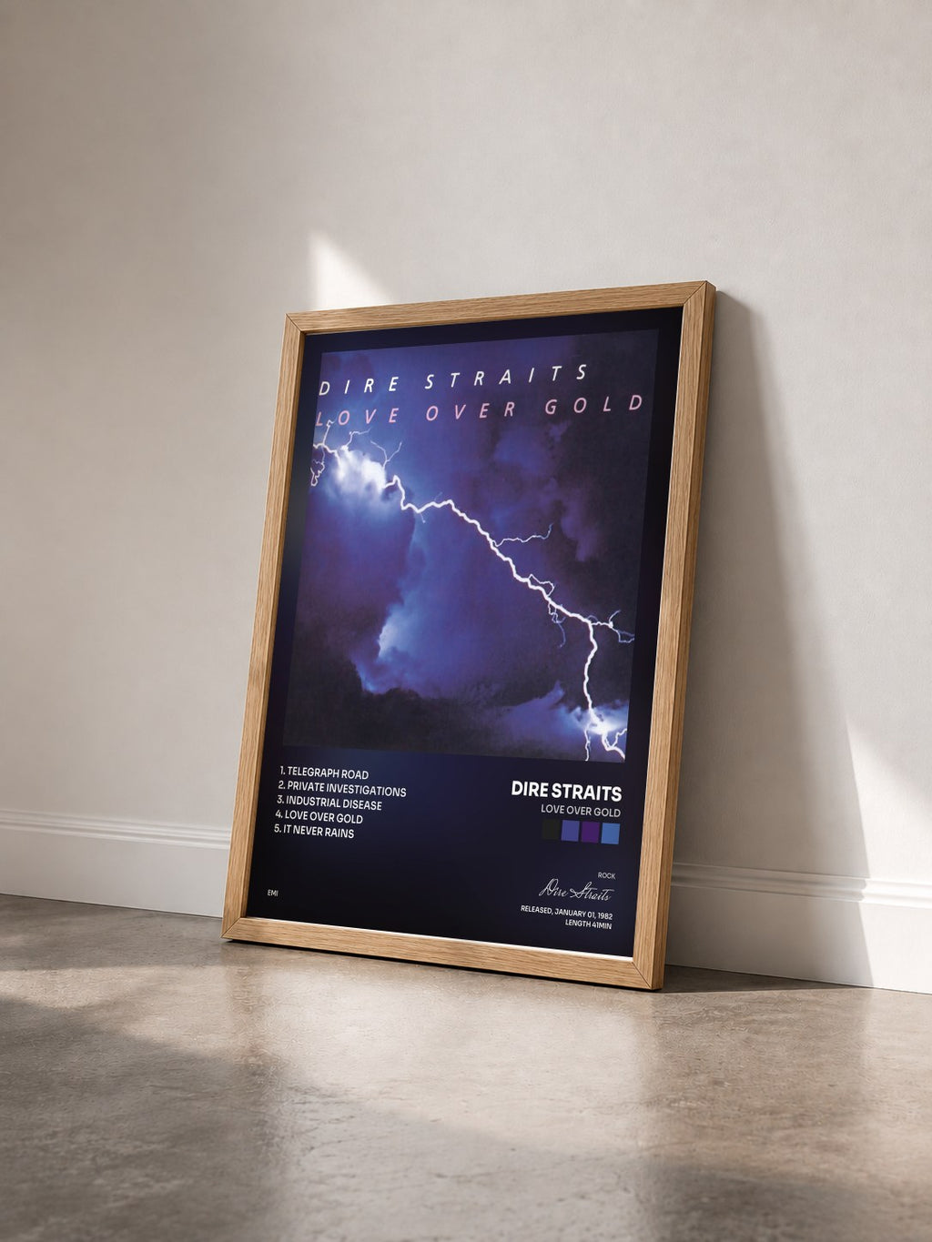 #bois Tableau de l'album Love Over Gold de Dire Straits vu de trois quarts, cadre en bois brut