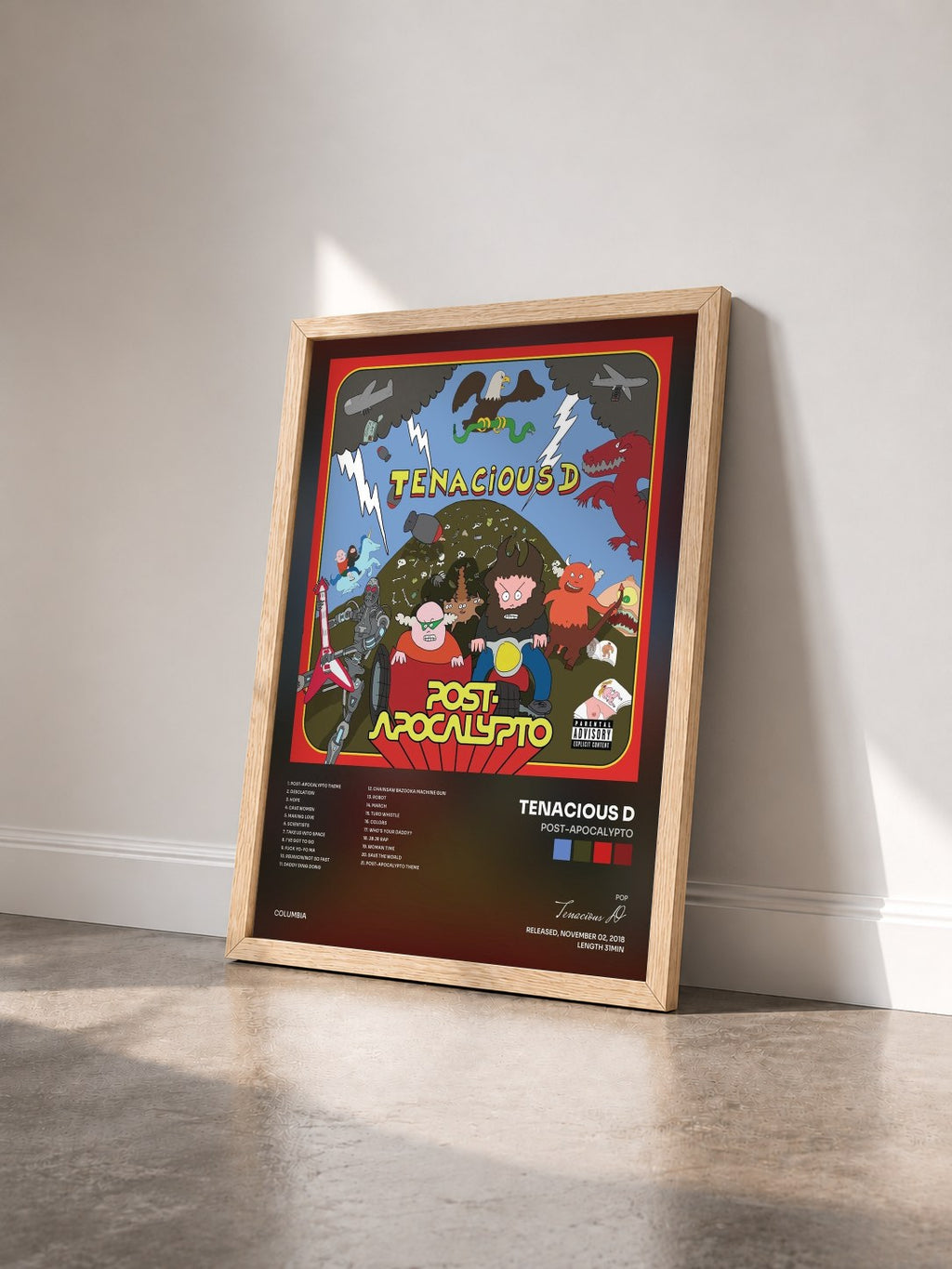 #bois Tableau de l'album Post-Apocalypto de Tenacious D vu de trois quarts, cadre en bois brut