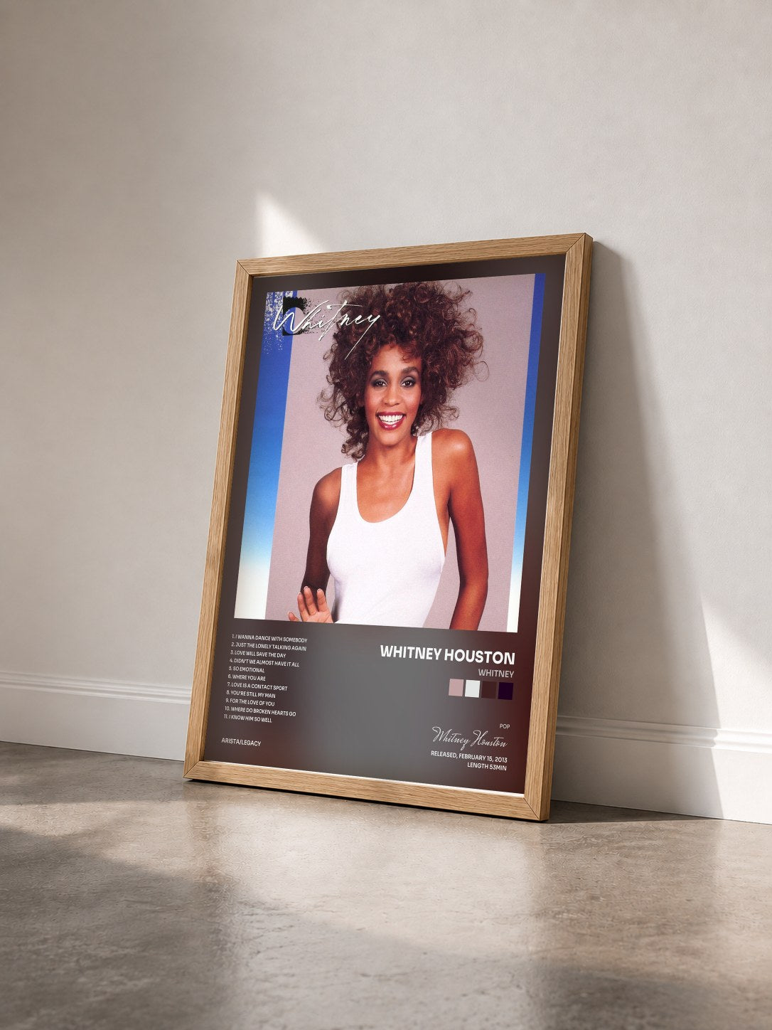 #bois Tableau de l'album Whitney de Whitney Houston vu de trois quarts, cadre en bois brut