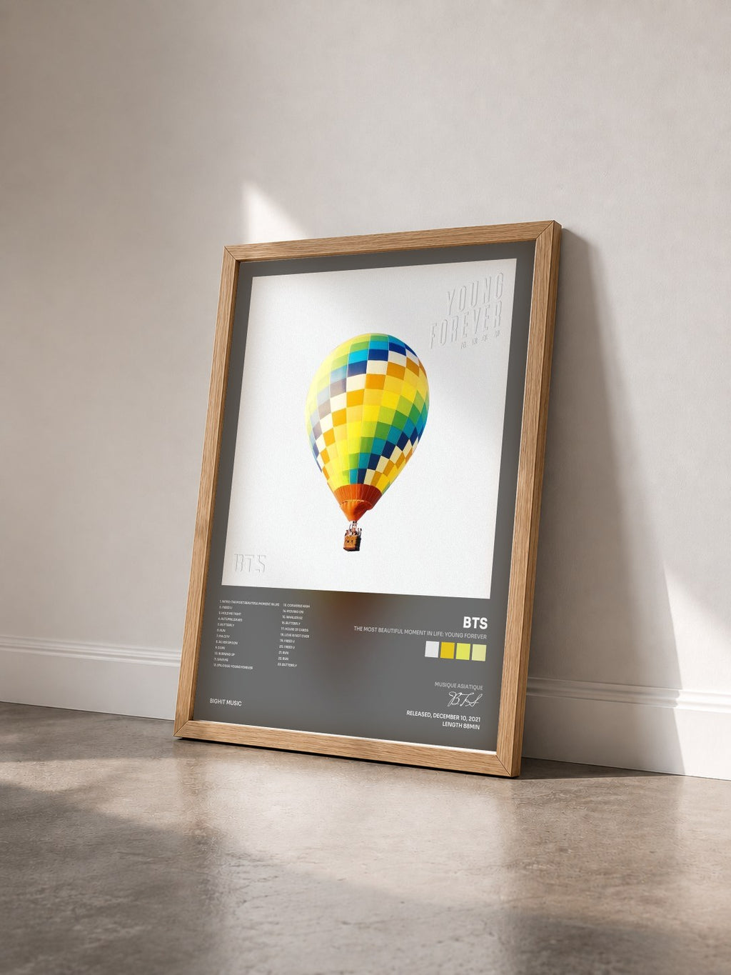 #bois Tableau de l'album The Most Beautiful Moment in Life: Young Forever de BTS vu de trois quarts, cadre en bois brut