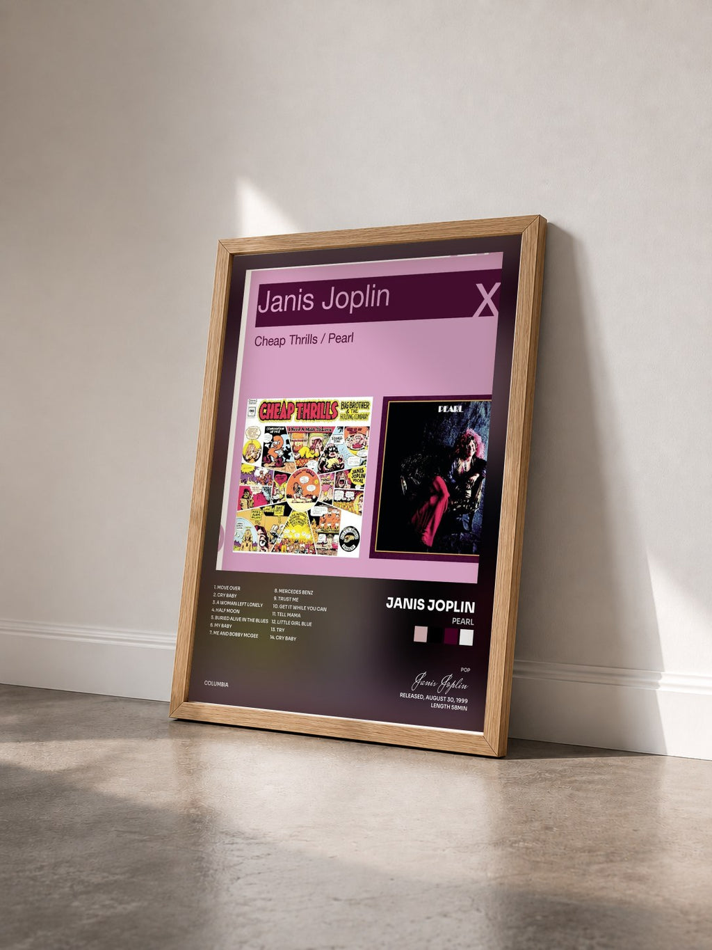 #bois Tableau de l'album Pearl de Janis Joplin vu de trois quarts, cadre en bois brut