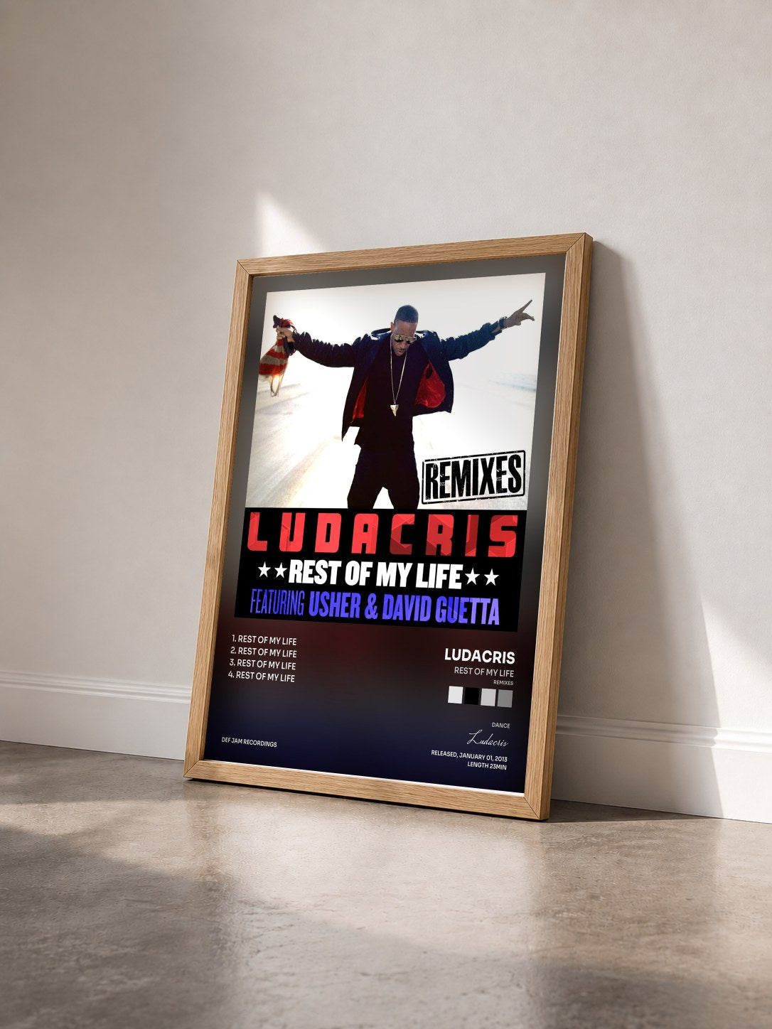 #bois Tableau de l'album Rest Of My Life (Remixes) de Ludacris vu de trois quarts, cadre en bois brut