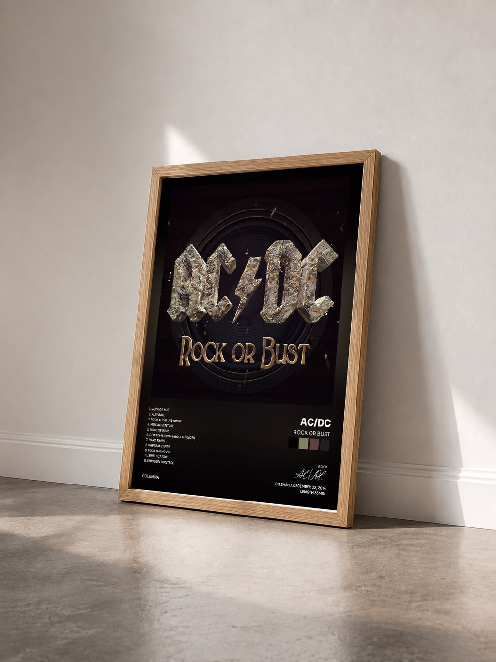 #bois Tableau de l'album Rock or Bust de AC/DC vu de trois quarts, cadre en bois brut