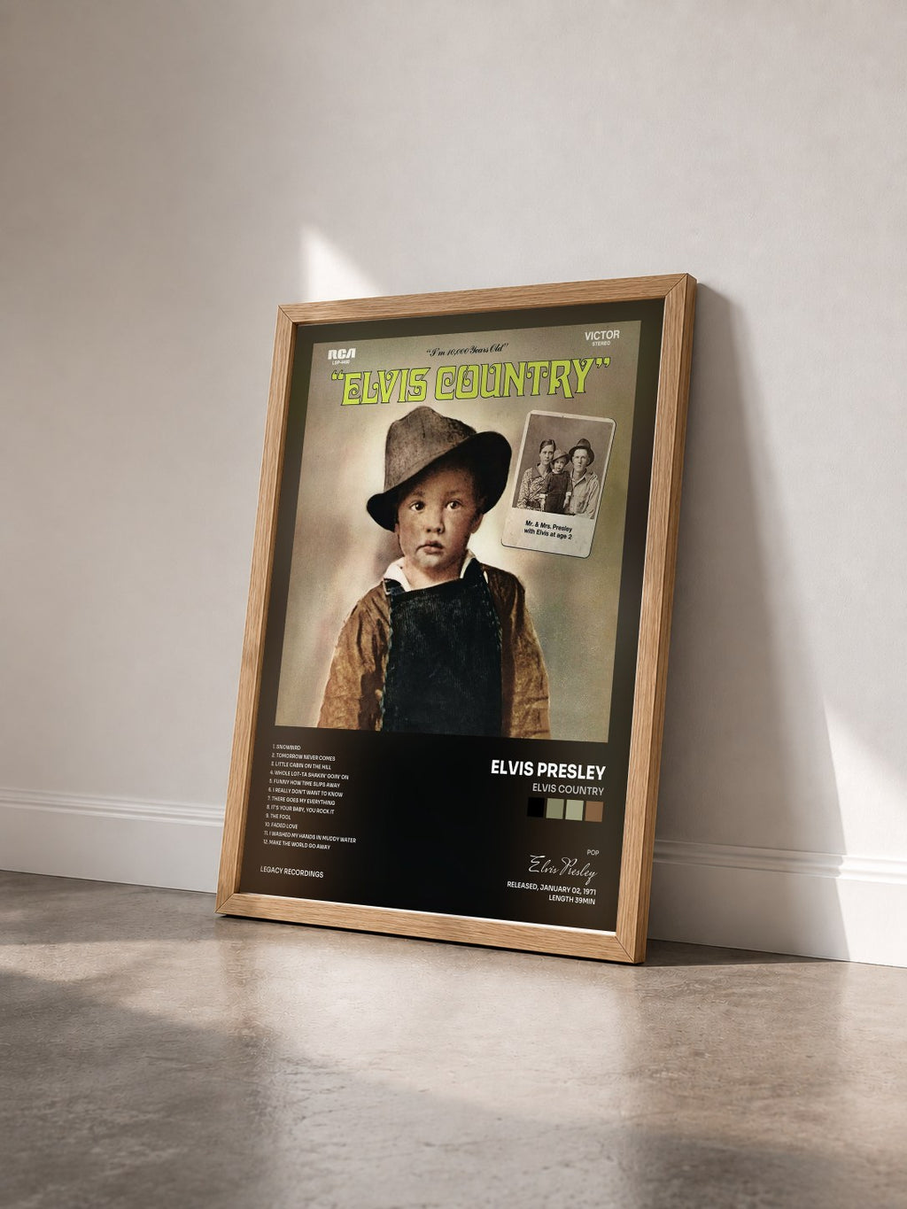 #bois Tableau de l'album Elvis Country de Elvis Presley vu de trois quarts, cadre en bois brut