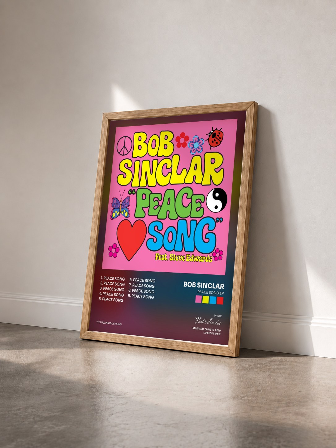 #bois Tableau de l'album Peace Song EP de Bob Sinclar vu de trois quarts, cadre en bois brut