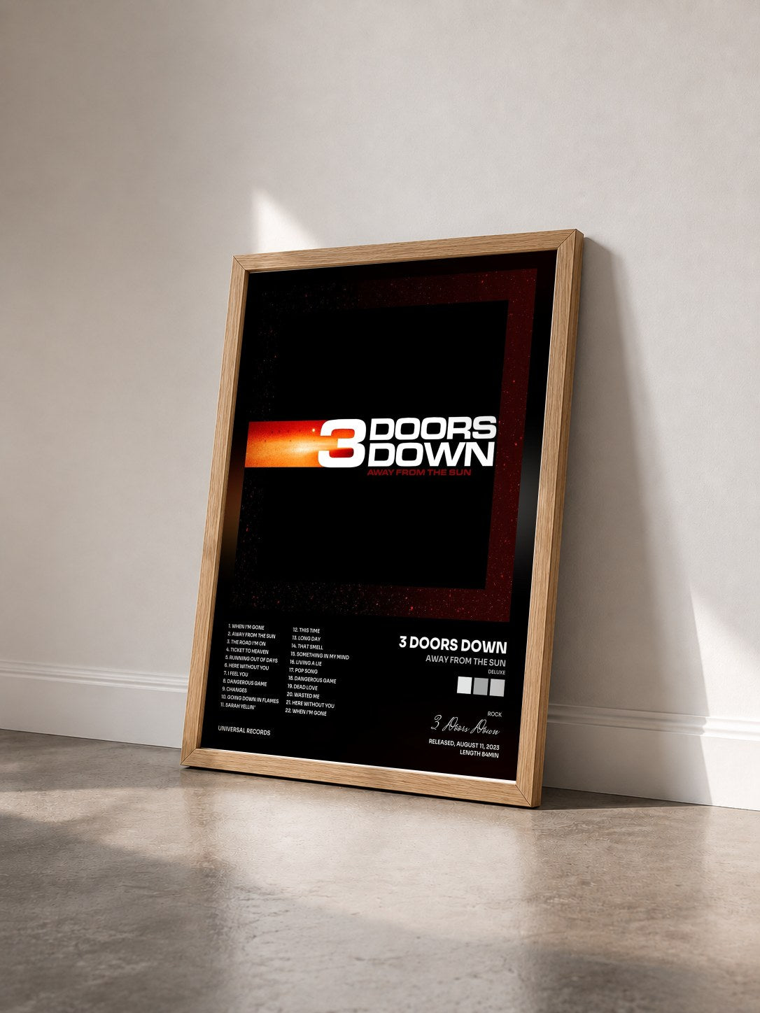 #bois Tableau de l'album Away From The Sun (Deluxe) de 3 Doors Down vu de trois quarts, cadre en bois brut