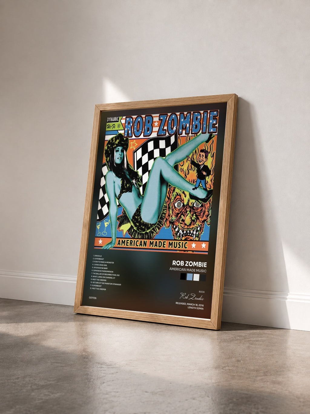 #bois Tableau de l'album American Made Music de Rob Zombie vu de trois quarts, cadre en bois brut