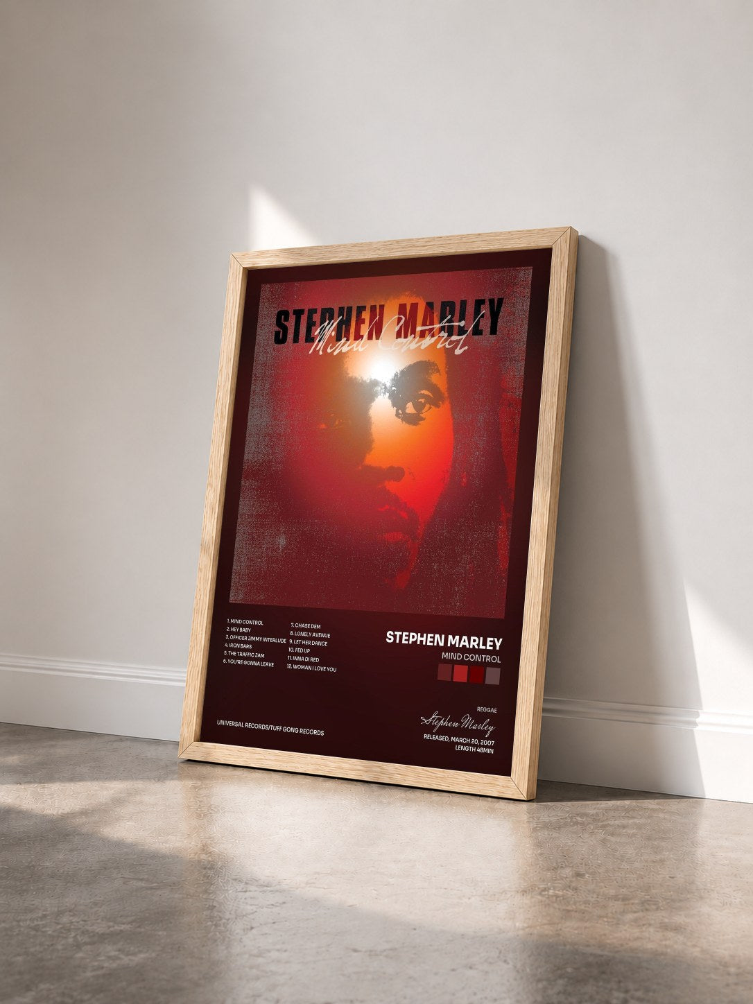 #bois Tableau de l'album Mind Control de Stephen Marley vu de trois quarts, cadre en bois brut