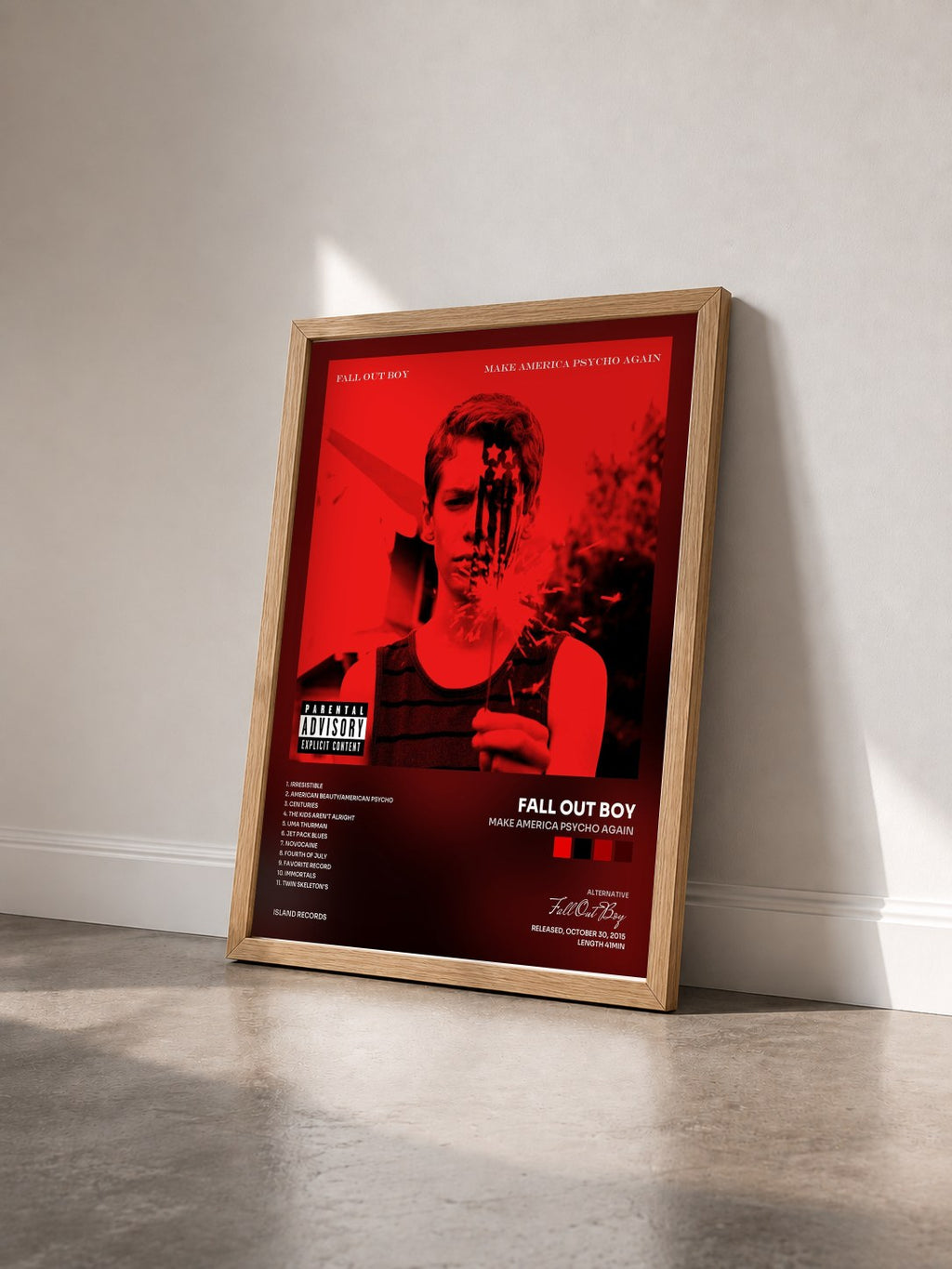 #bois Tableau de l'album Make America Psycho Again de Fall Out Boy vu de trois quarts, cadre en bois brut
