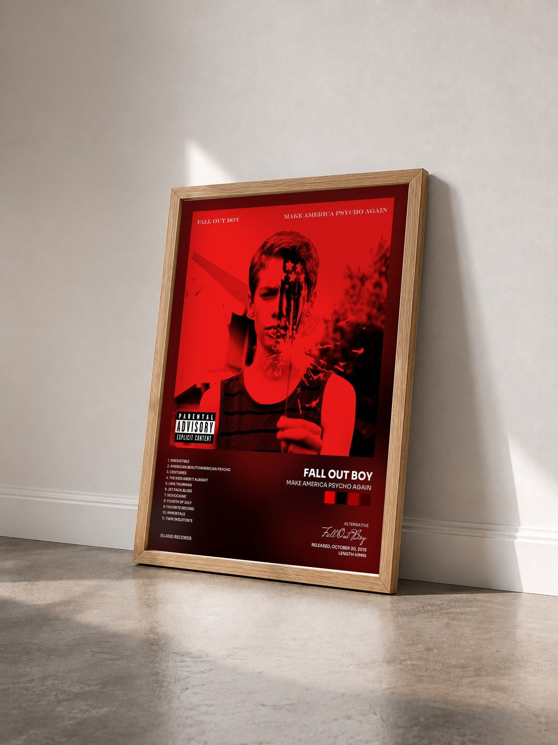 #bois Tableau de l'album Make America Psycho Again de Fall Out Boy vu de trois quarts, cadre en bois brut