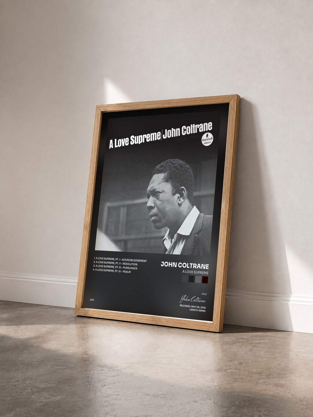 #bois Tableau de l'album A Love Supreme de John Coltrane vu de trois quarts, cadre en bois brut