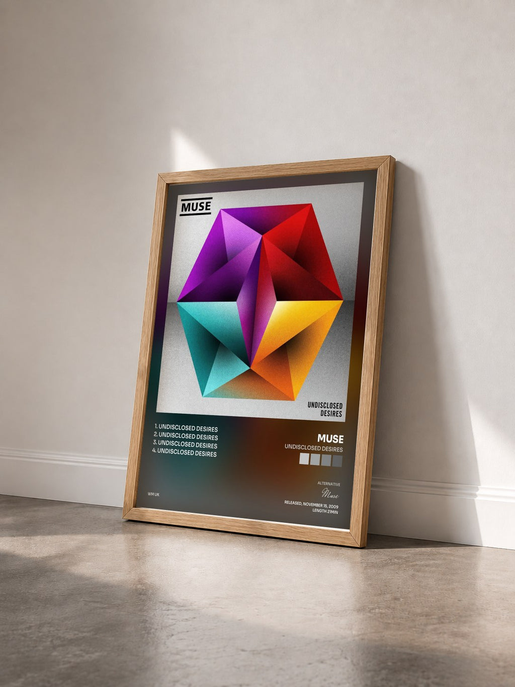 #bois Tableau de l'album Undisclosed Desires de Muse vu de trois quarts, cadre en bois brut