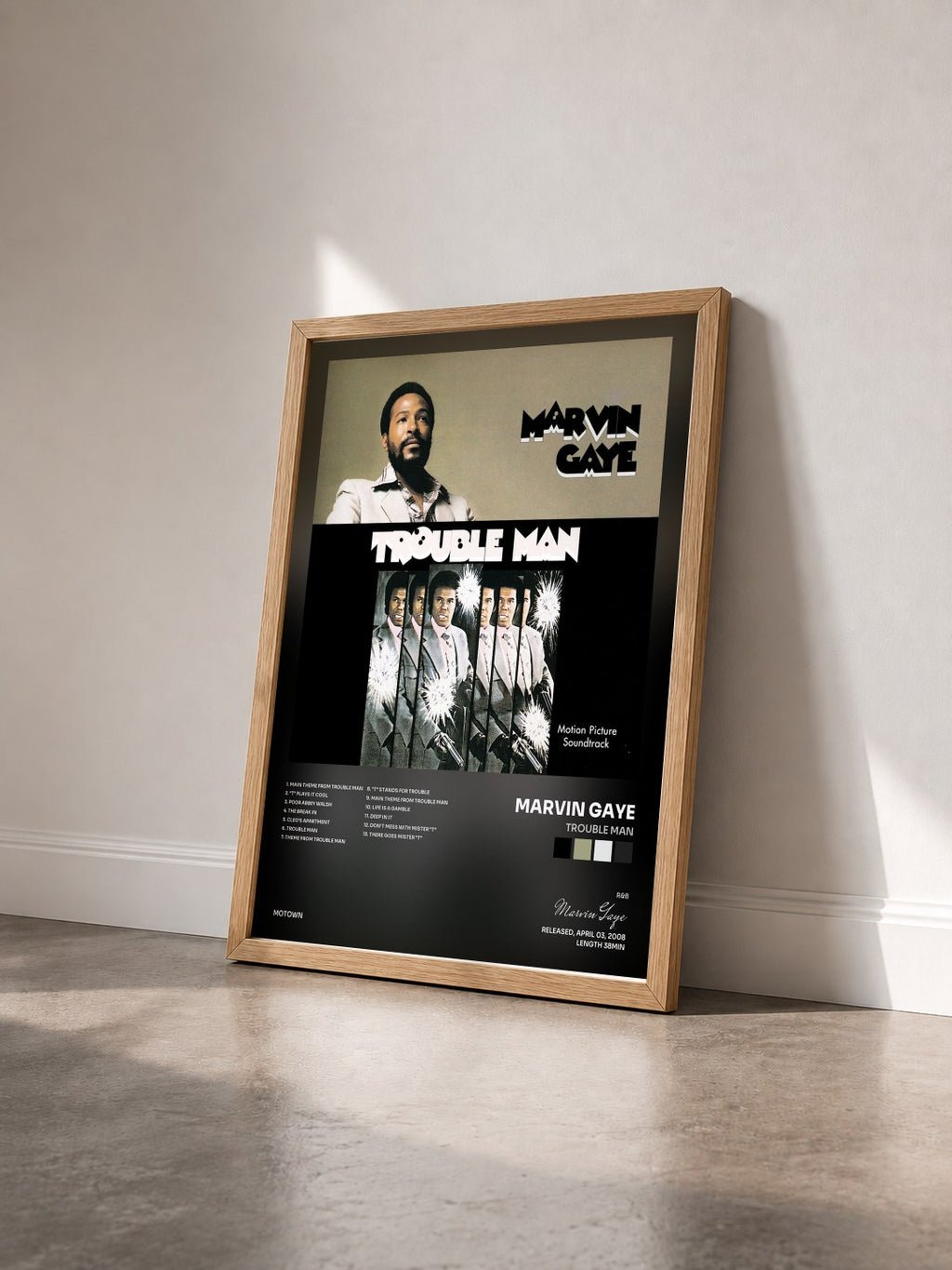 #bois Tableau de l'album Trouble Man de Marvin Gaye vu de trois quarts, cadre en bois brut