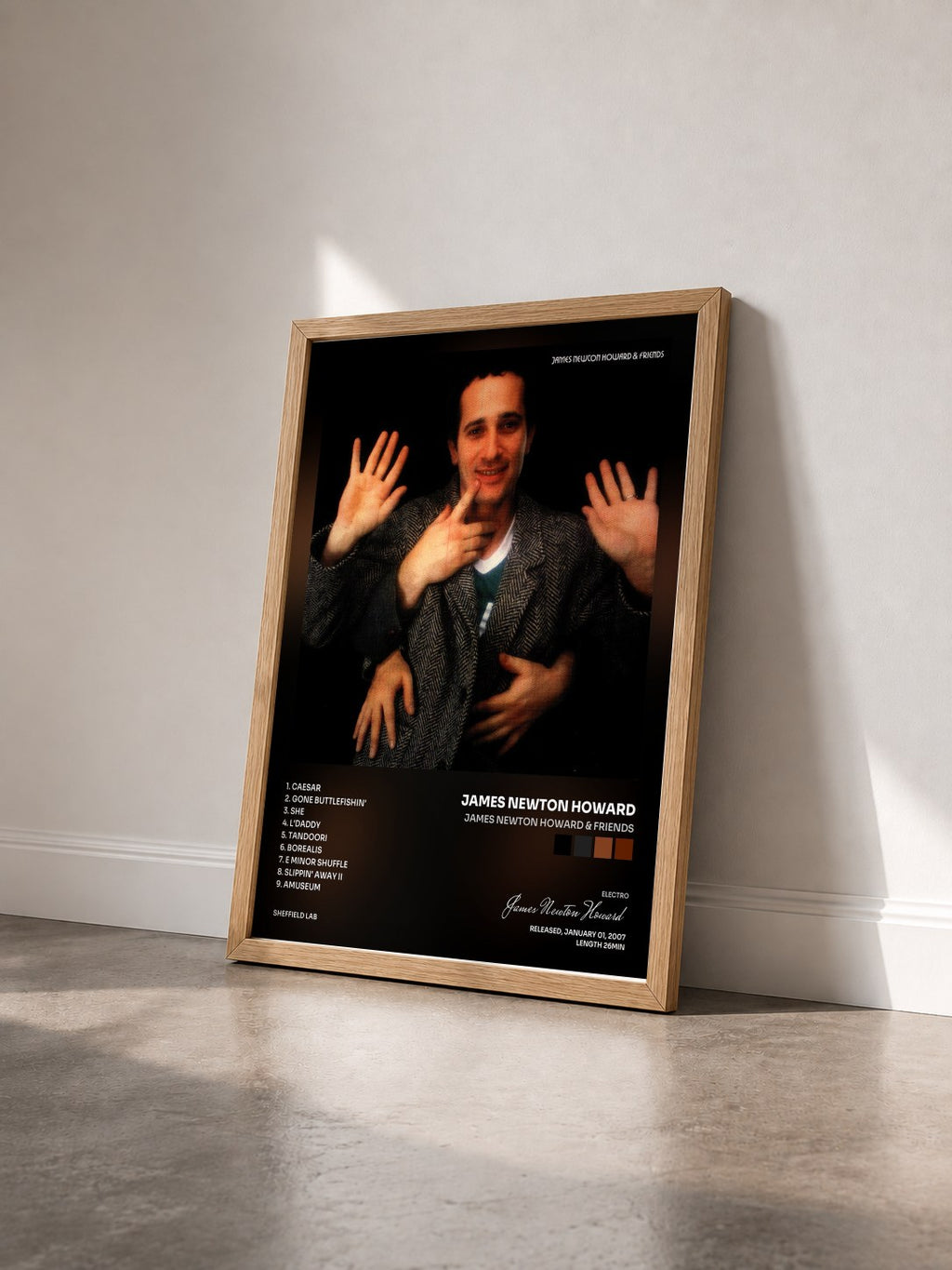 #bois Tableau de l'album James Newton Howard & friends de James Newton Howard vu de trois quarts, cadre en bois brut