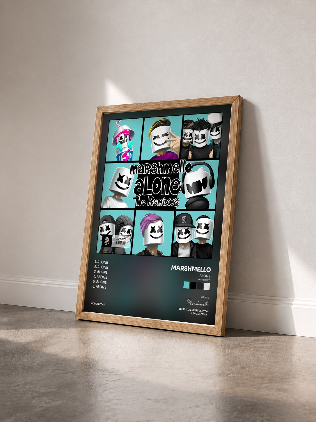 #bois Tableau de l'album Alone (The Remixes) de Marshmello vu de trois quarts, cadre en bois brut