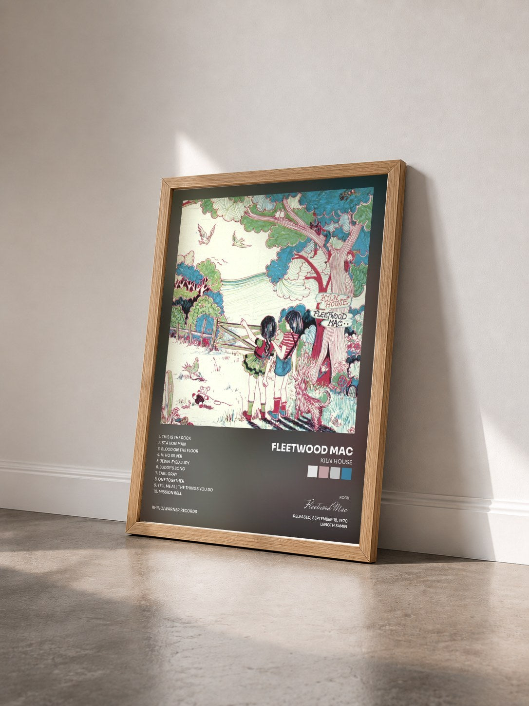 #bois Tableau de l'album Kiln House de Fleetwood Mac vu de trois quarts, cadre en bois brut
